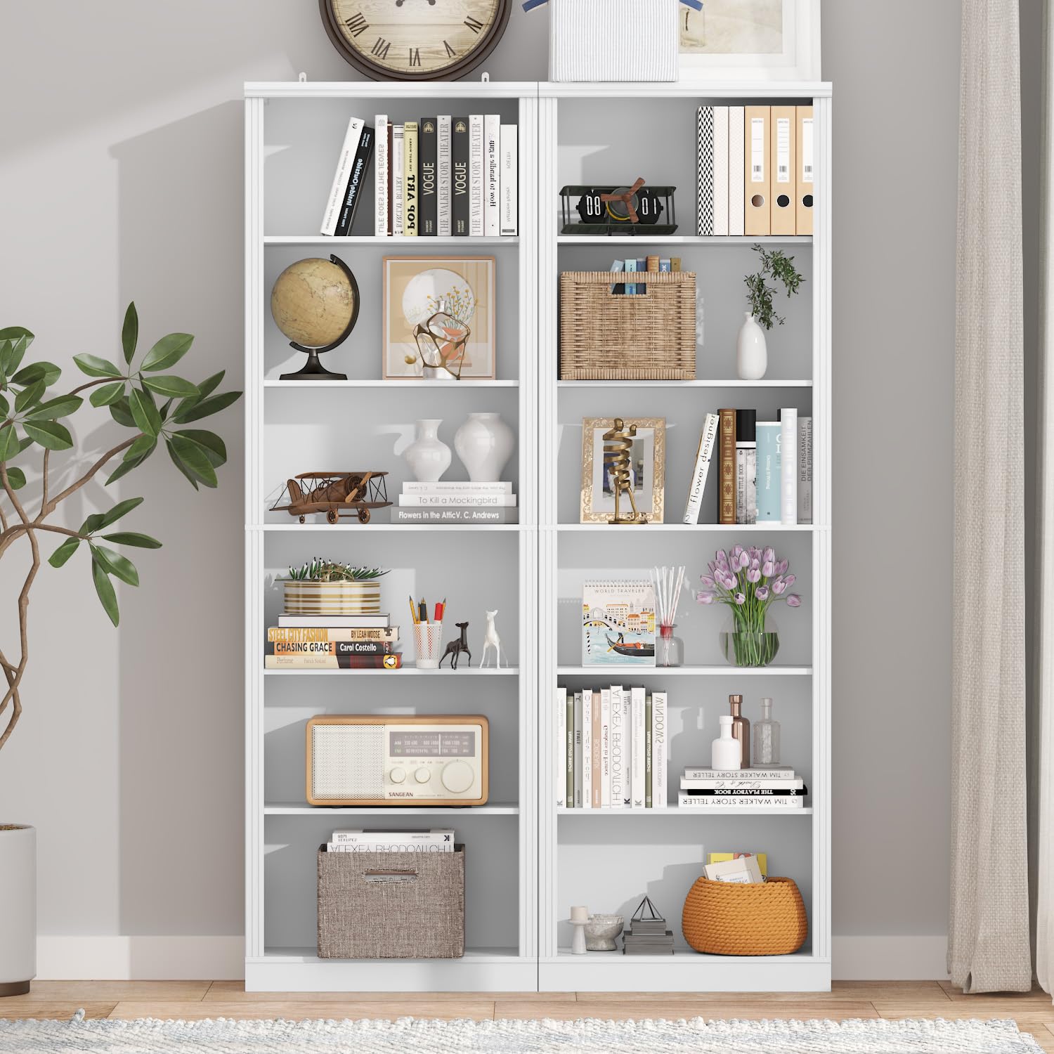 Thacuok 75" Tall Bookshelf Set of 2, 6 Tier Bookshelf with Adjustable Shelves, Bookcase with Anti-Tipping Device, Floor Standing Modern Display Rack,