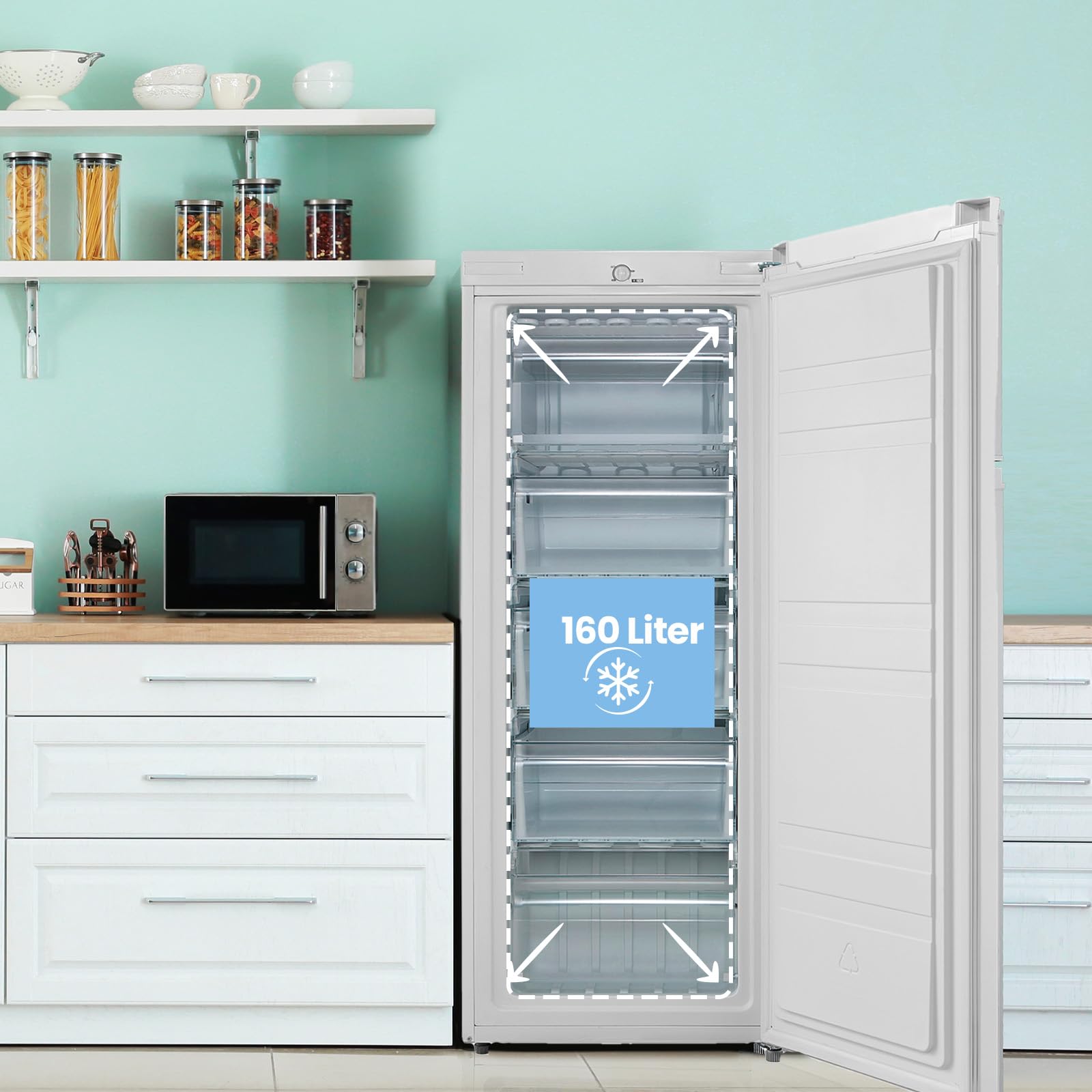 COMFEE' RCU160WH2(E) 160L Congelatore monoporta verticale e 5 Cassetti, 4 Stelle, -24° Gradi, Controllo Della Temperatura, Compressore GMCC di Alta Qualità, Cerniere Della Porta Sostituibili, Bianco