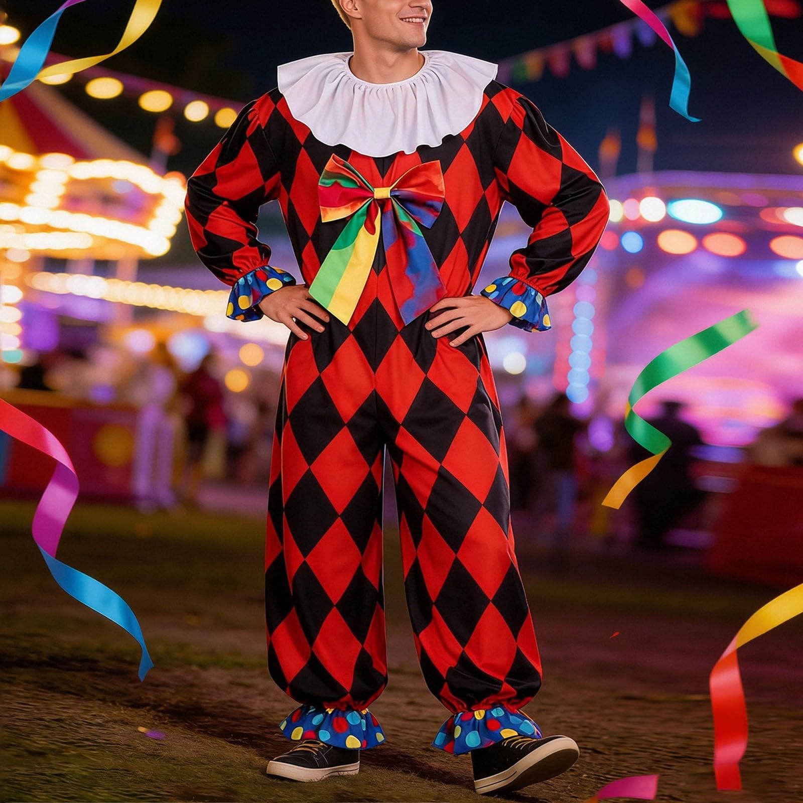Tuta Colorata da Clown UnisexCompleto Arlecchino per Spettacoli Comici Set Costume da Clown del Circo per Uomo e Donna Accessorio per Feste