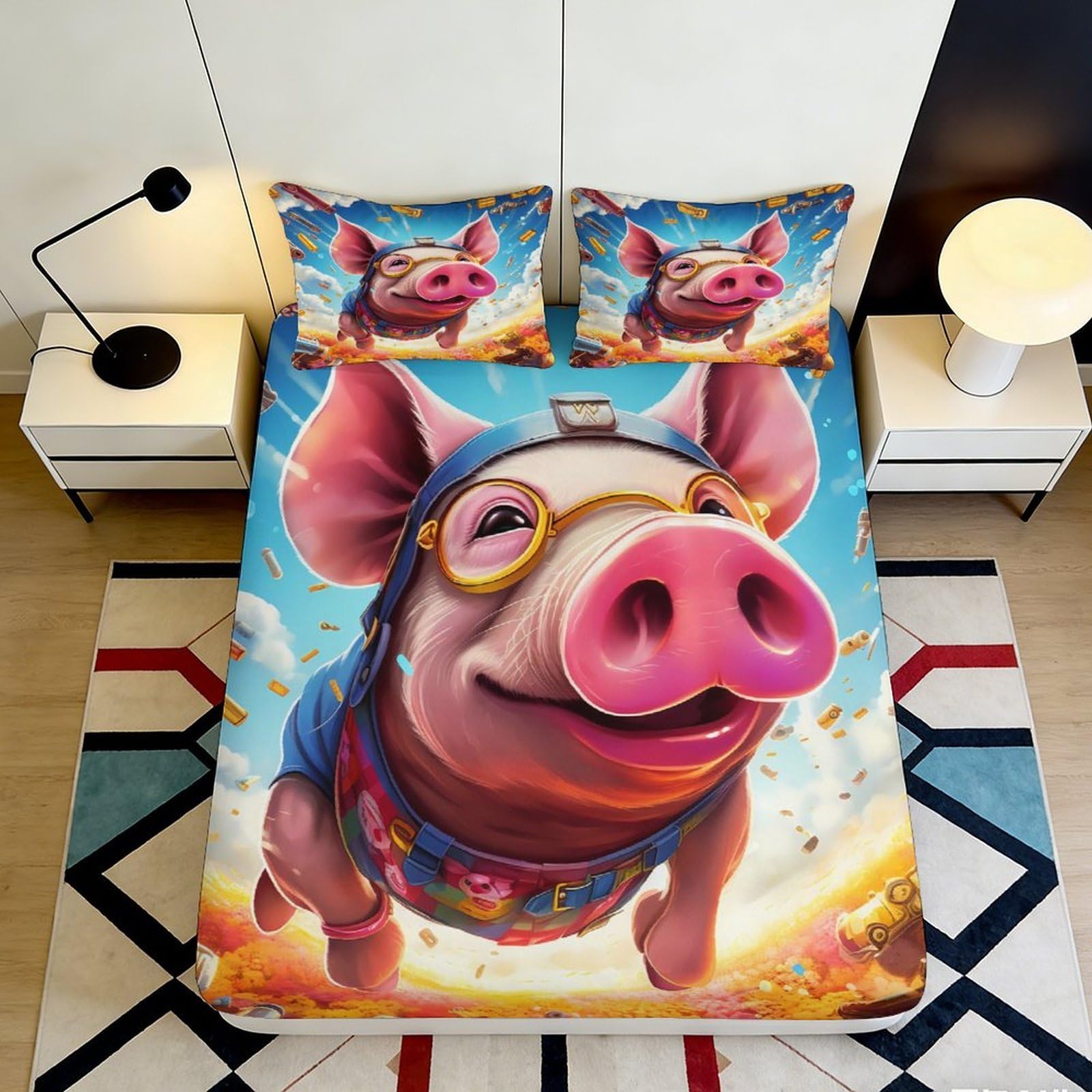 3D Printed Cartoon Flying Pig Fitted Sheet Microfiber Soft Bed Cover for Bedroom Guest Room Dorm Mattress Decor 90x200x25cm