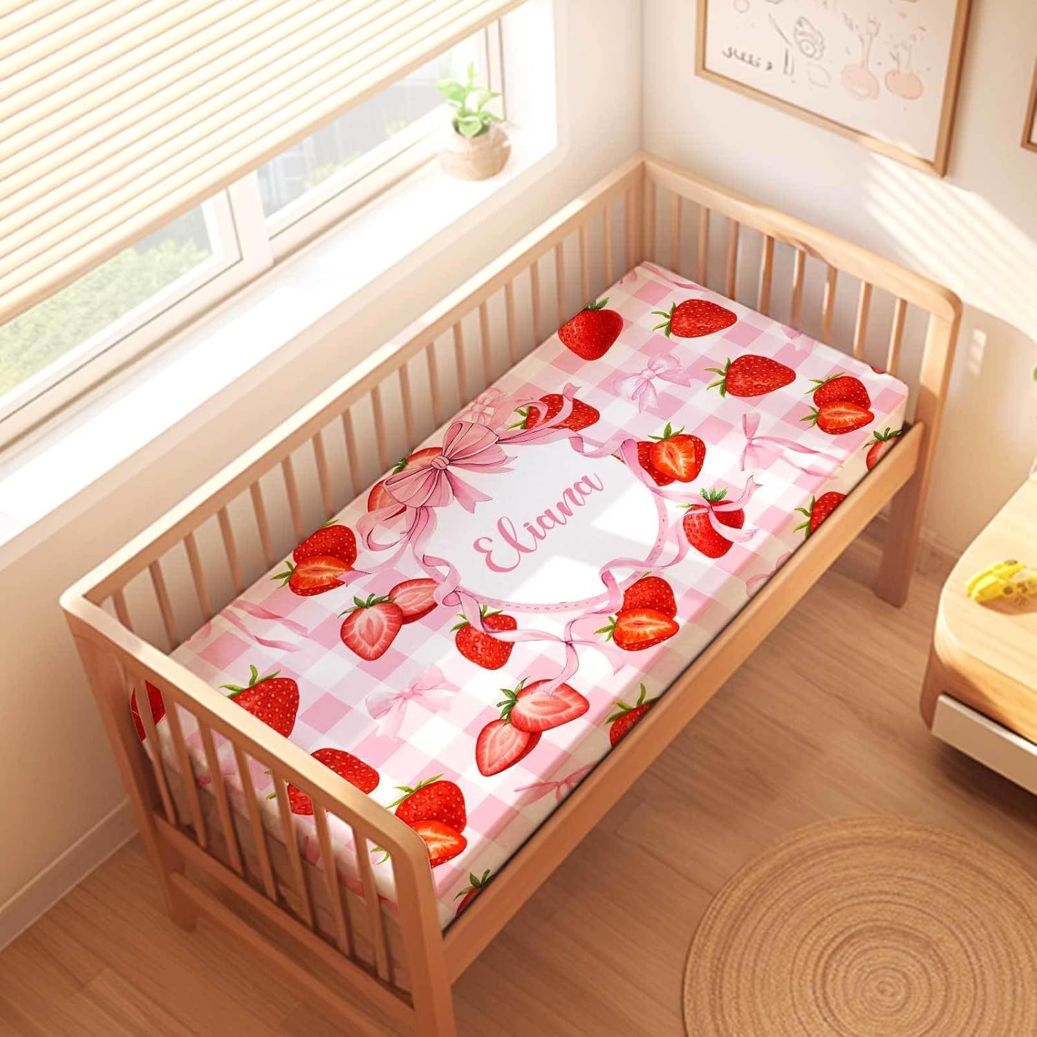 Personalized Baby Crib Sheets with Strawberry – Custom Name Fitted Crib Mattress Sheet for Girls, Soft Nursery Bedding for Newborn, Infant & Toddler Beds