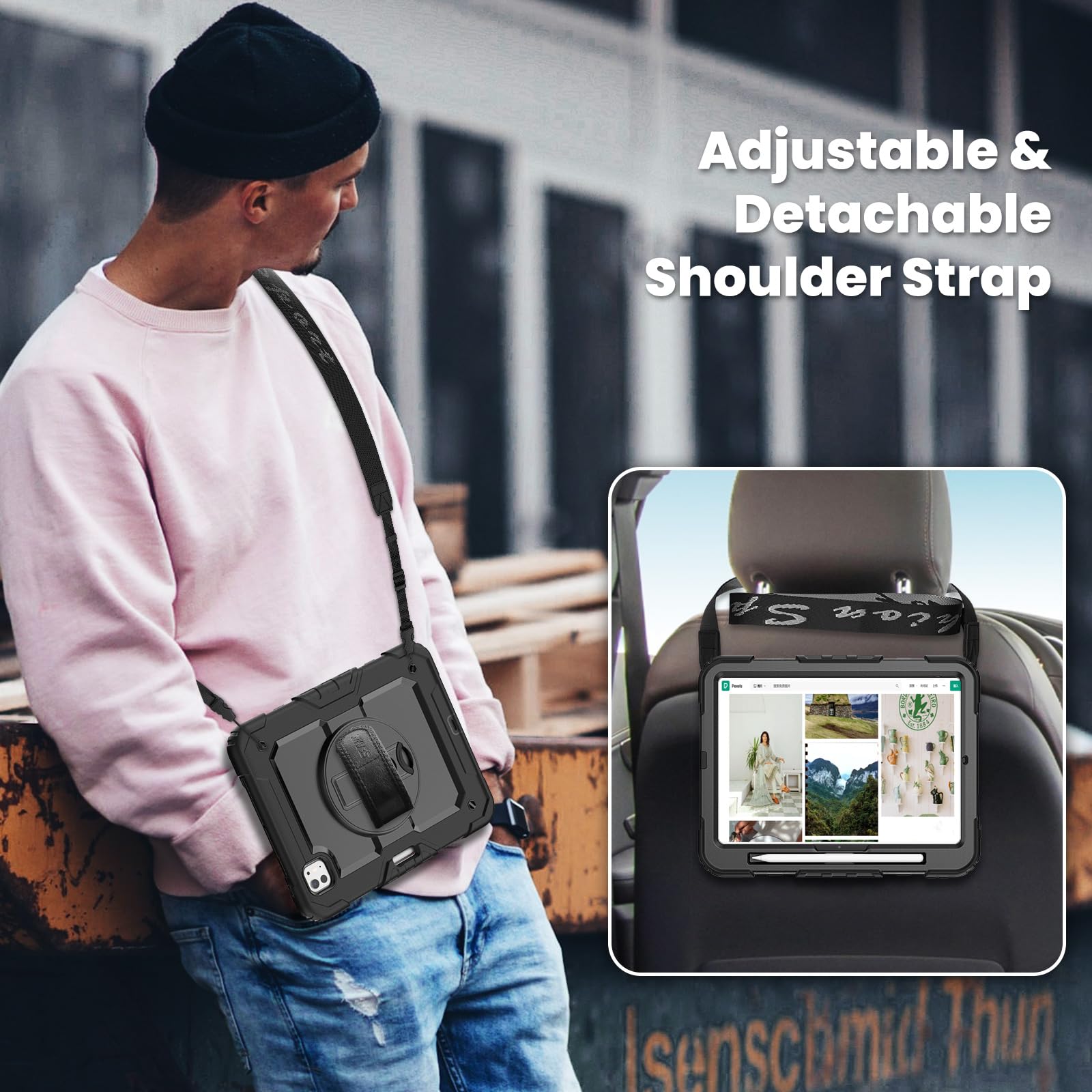 SEYMAC Funda para iPad Pro 11 Pulgadas M5/M4 2025/2024, Funda Resistente a Impactos con Protección para Pantalla, Soporte Giratorio 360°, Correa para el Hombro y Soporte para Lápiz, Negro