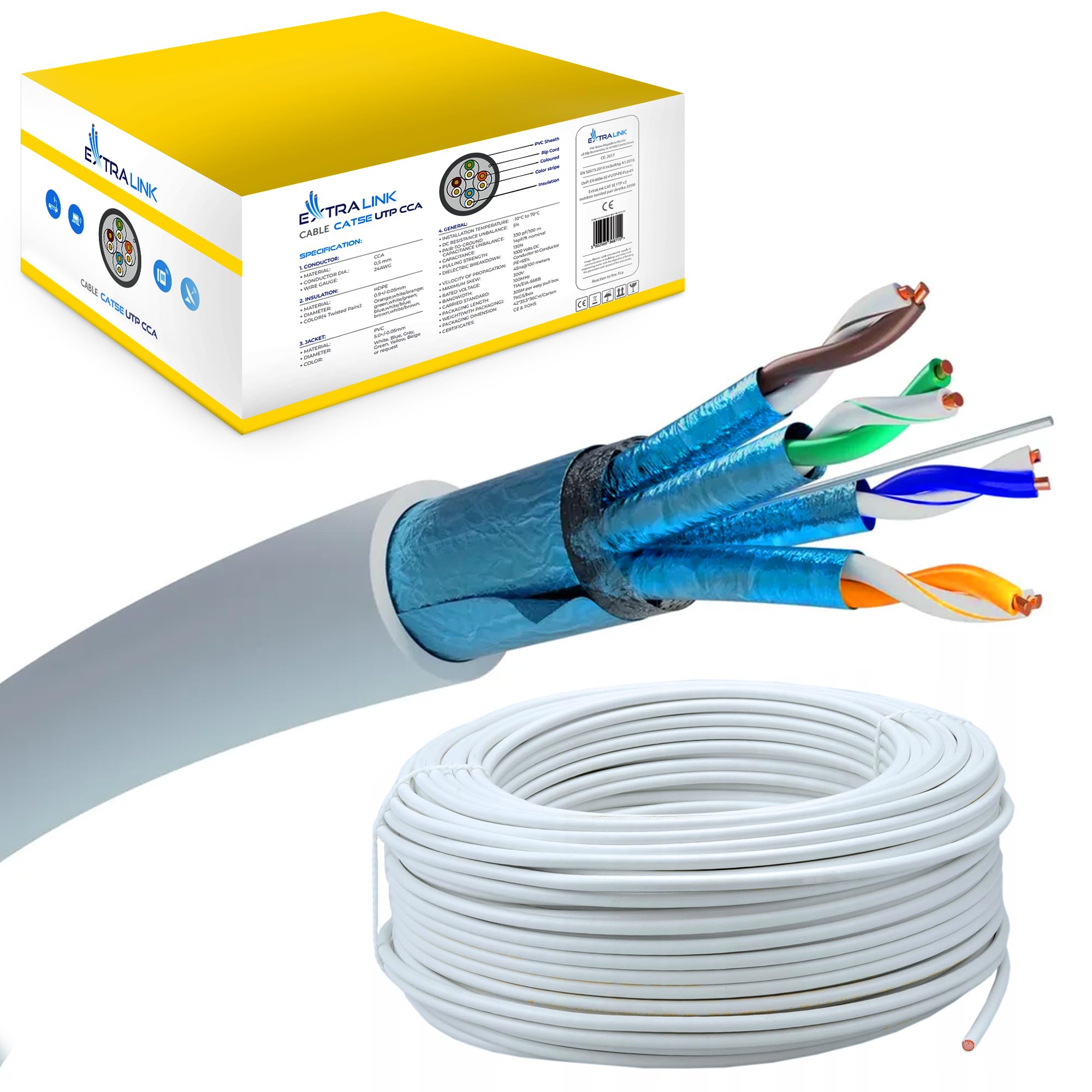 EXTRALINK CAT 6A FFTP F/FTP Indoor Ethernet Kabel 500 Meter LSZH Intern Twisted Pair Internet LAN Verlegekabel AWG24 CCA UTP RJ45 Kupfer Installationskabel