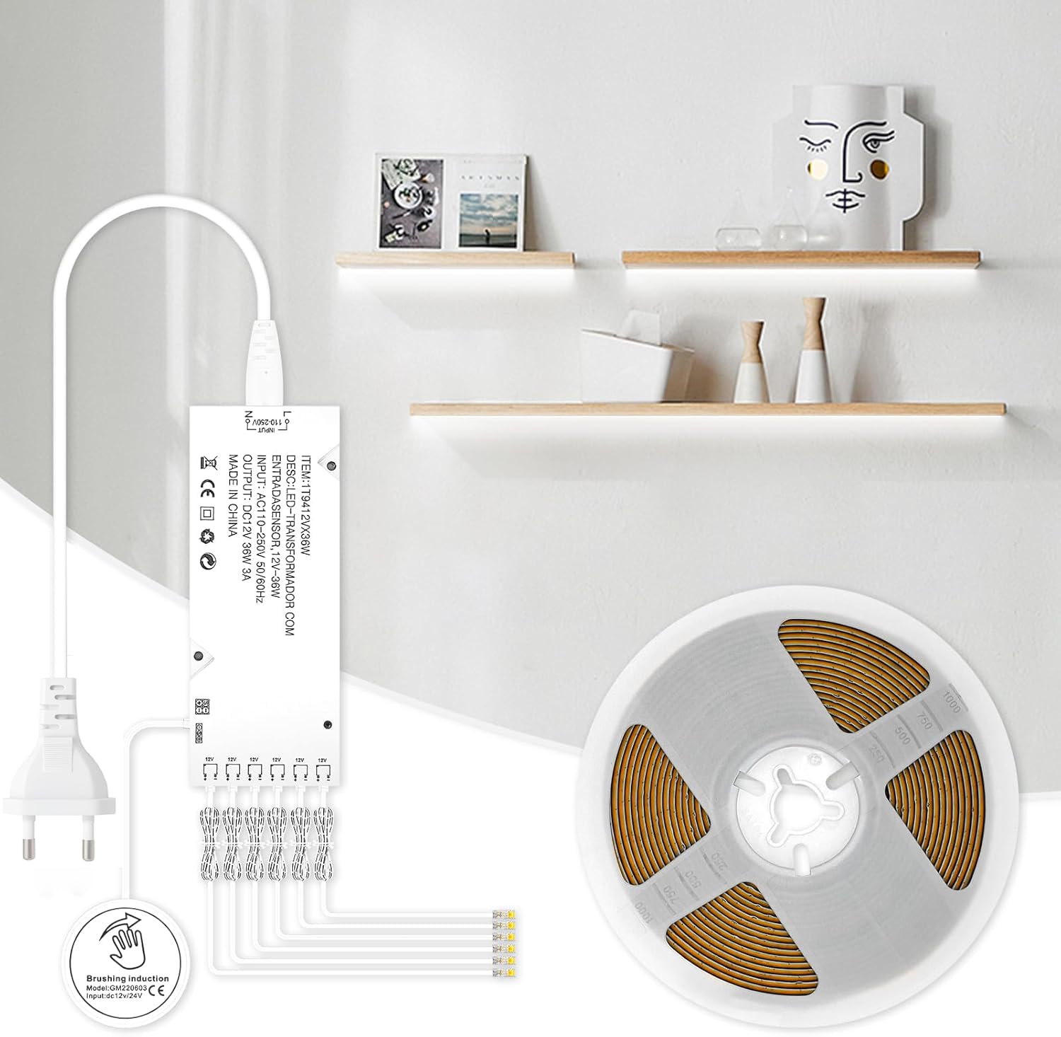 Kit di strisce luminose LED COB sotto armadio, 5 m Cuttable 6500 K, 6 prese di corrente, interruttore touch e dimmer, striscia COB per armadio da cucina, libreria, mensola galleggiante