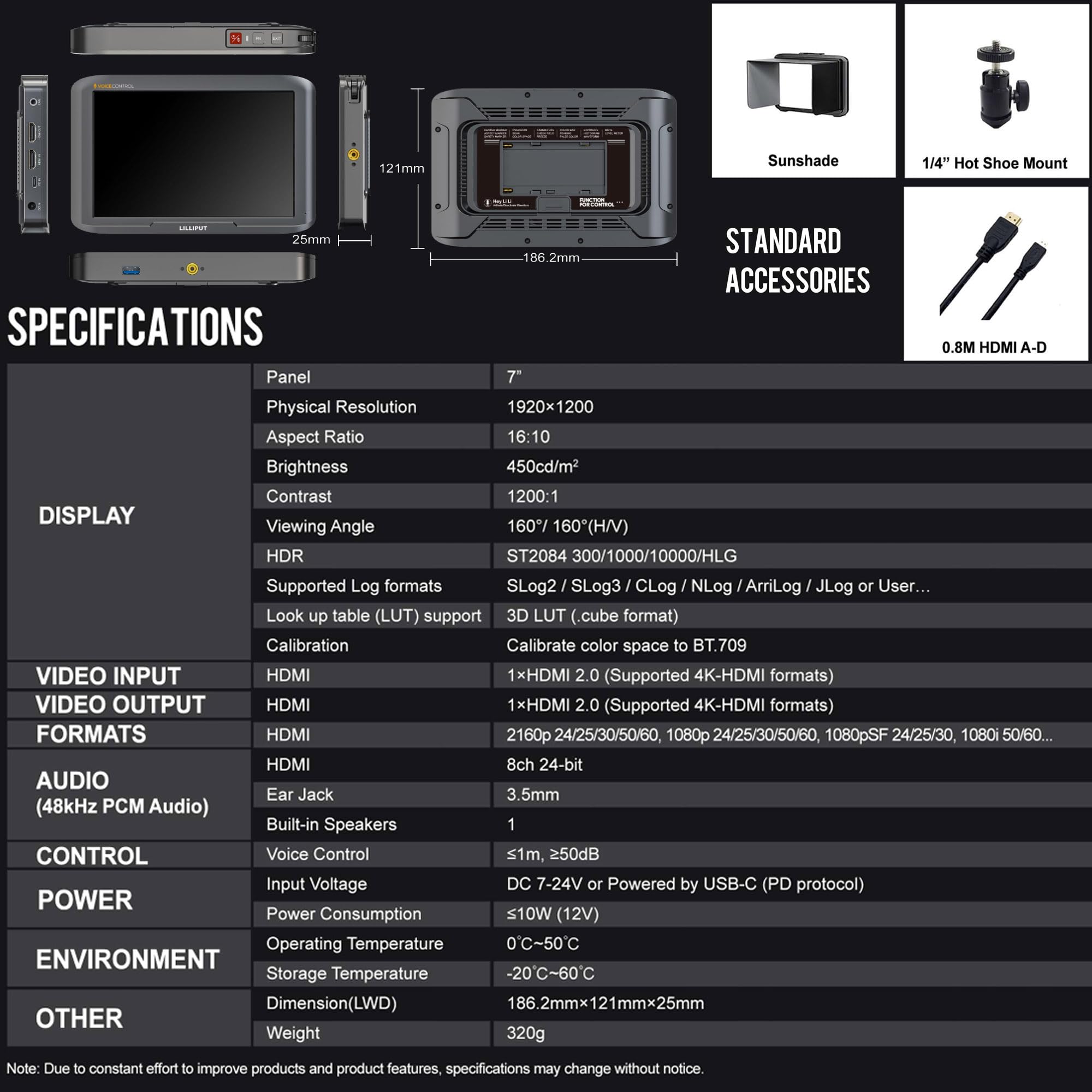 LILLIPUT V7 7 pollici 4K HDMI Field Monitor con controllo vocale - Monitor per fotocamera DSLR / Videocamera, adatto per produzione di film e fotografia