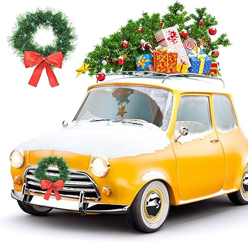 Miniatura 4 de Juego de corona de Navidad para automóvil, decoración de corona verde de 13.7 pulgadas con lazo rojo, corona artificial navideña con tiras de luz,