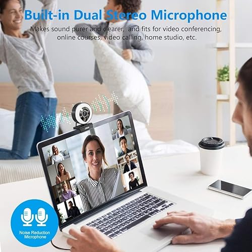 Miniatura 4 de AIDELF Cámara web para computadora 1080P con micrófono doble, luz derecha ajustable, cámara web para PC, enfoque automático avanzado con trípode,