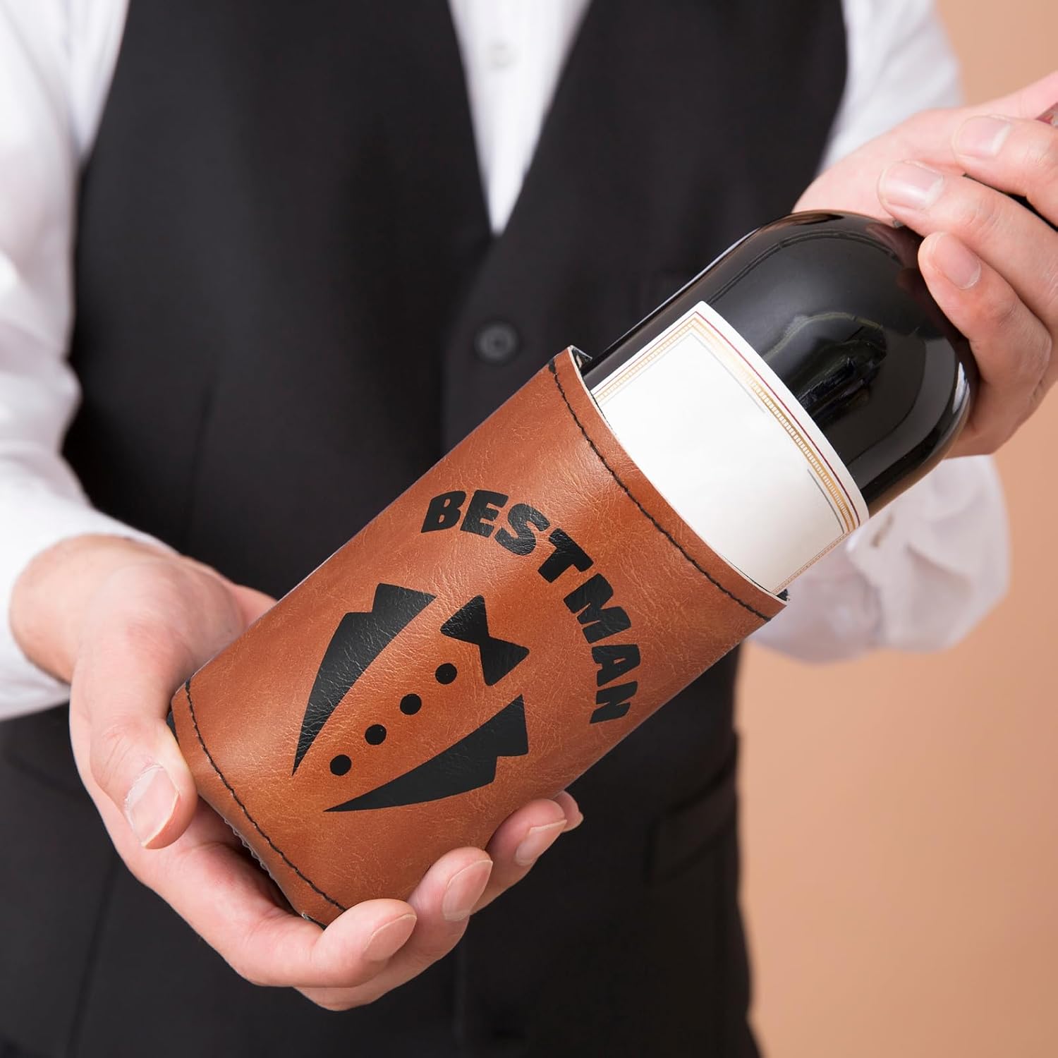 SiliFine 6 Sets Groom and Groomsmen Leather Can Cooler with 6 Bottle Opener, Groomsmen Proposal Leather Can Sleeve Favors for Best Man Proposal Gifts(Brown)