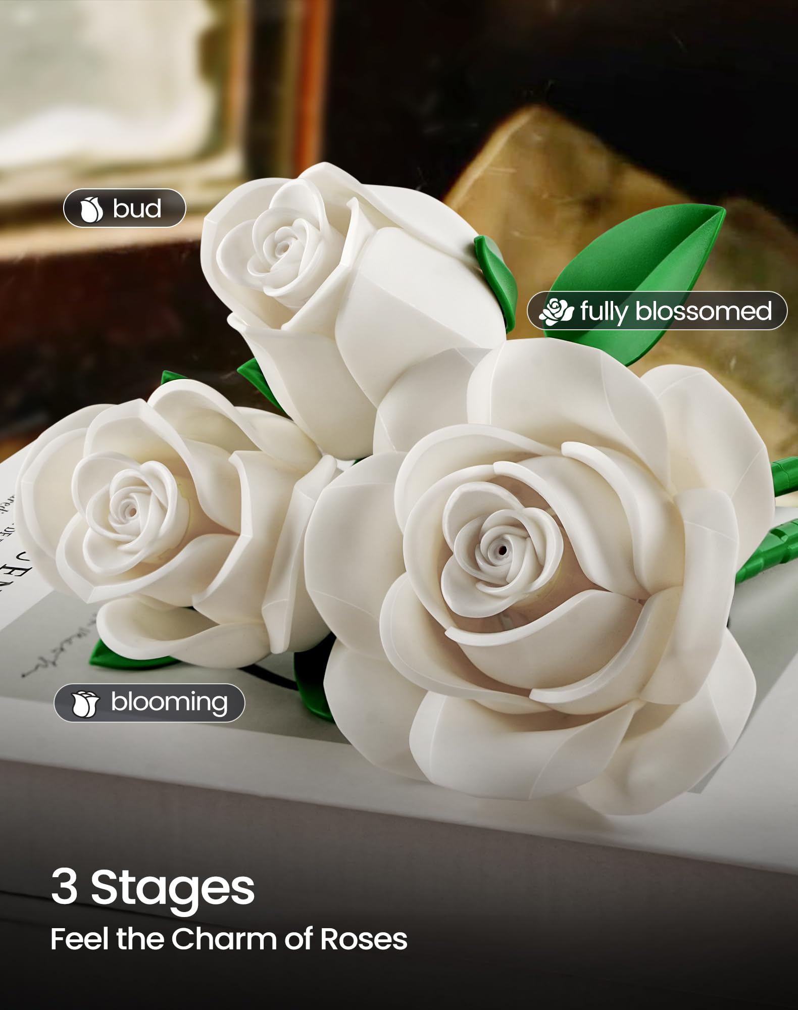 Millionspring White Rose Bouquet Building Set White Artificial Roses Gifts for Women Mum on Mother's Day, Wedding, Retirement - Image 4