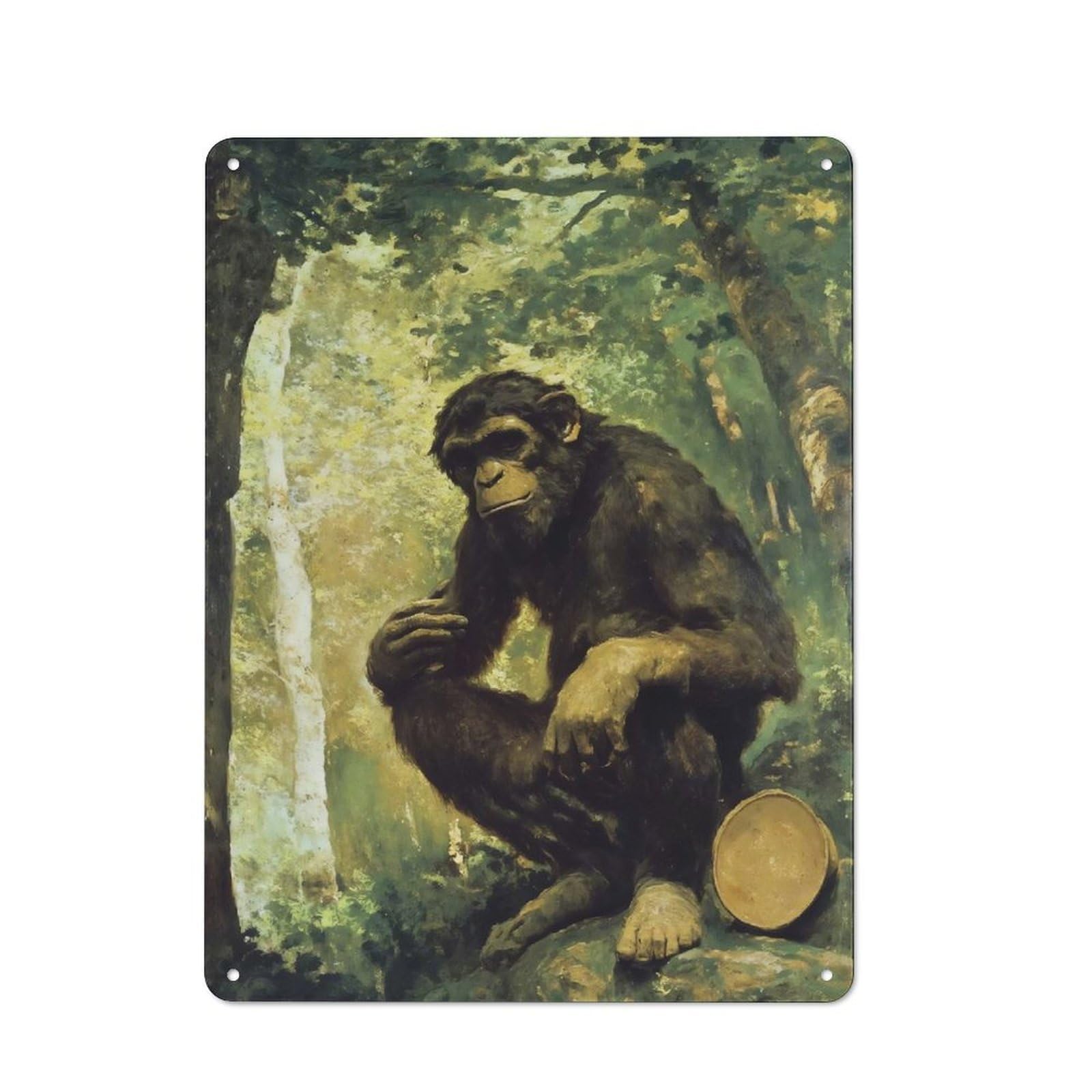 Junmoney Style-9 Contemplative Chimpanzee In Forest Painting Retro Metal Wall Sign 40X30cm For Guest Room Or Hallway, A Housewarming Gift For Home Decor Collectors