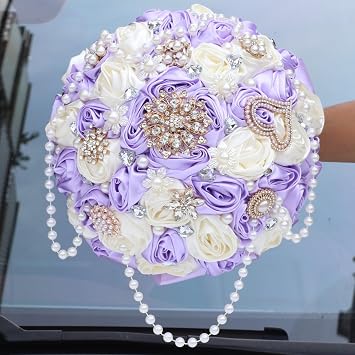 Bride Holding Flowers, Luxury Handmade Cascading Wedding Bridal Bouquet with Large Silk Roses Satin Ribbon Pearls Romantic Wedding Colorful Rose Bride s Bouquet 7.48"/19cm,Light Purple + Cream