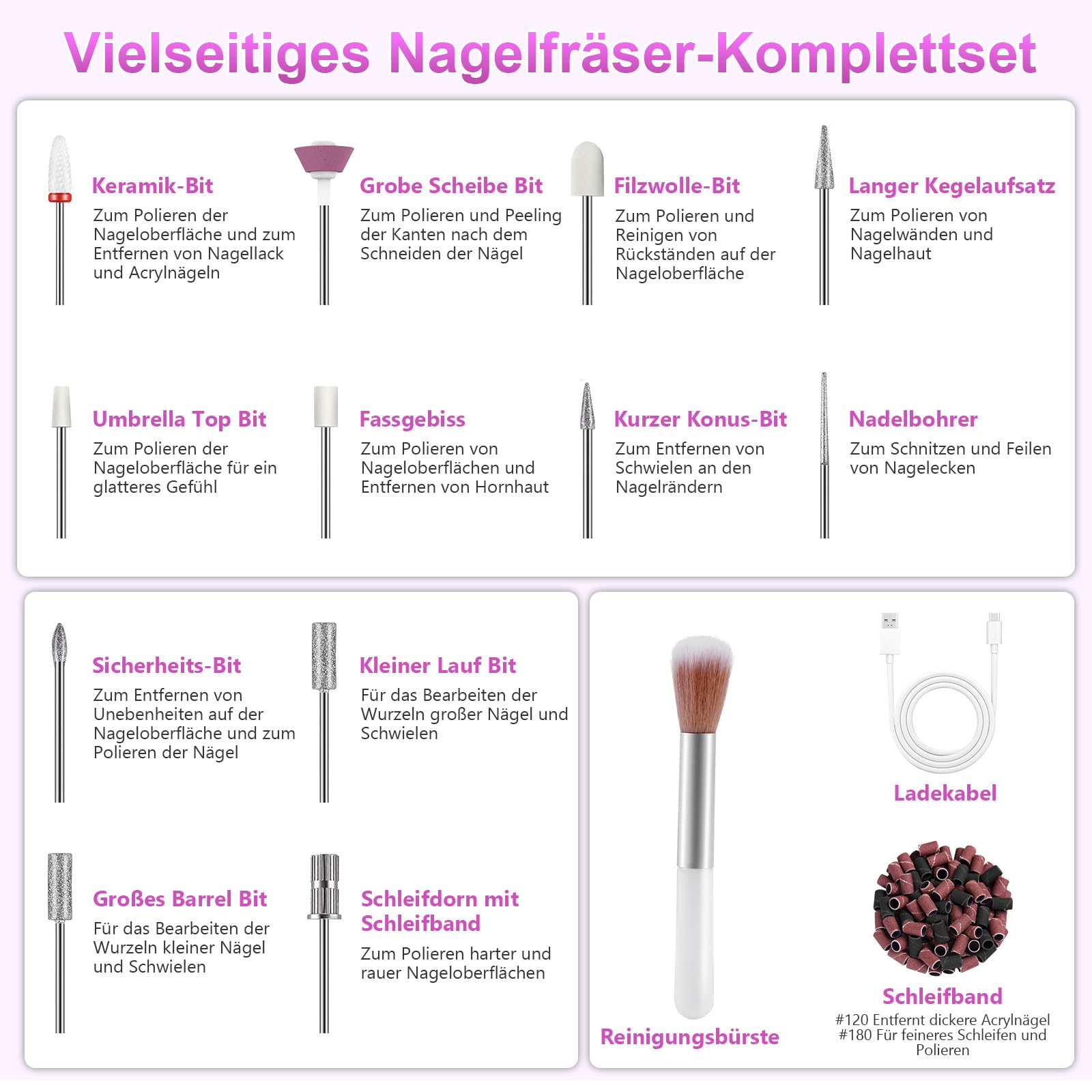 POFIBO Nagelfräser Kabellose Elektrische Nagelfeile - 35000 U/Min Nagelfräser für Gelnägel, 12 IN 1 Professionell Fräser für Nägel & Acrylnägel, Maniküre Pediküre Set mit 5 Geschwindigkeiten