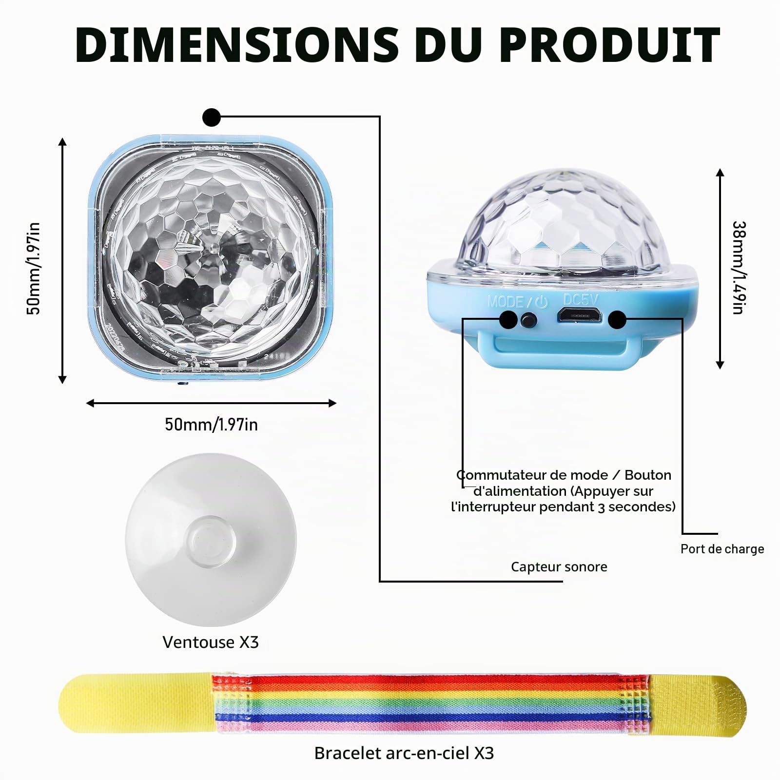 BORDEAG Boule Disco Bracelet, 3 Pièces Lampe LED Contrôlée Par La Musique, Lumière Disco Ball Rechargeable USB, Lumière De Fête Pour Anniversaire, DJ Club
