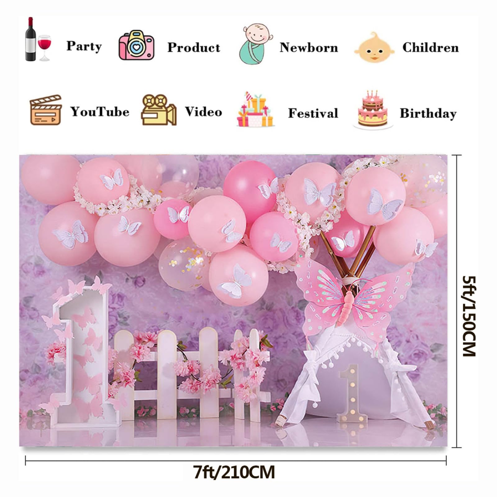 Photography Background Pink Flowers Butterfly Balloons Girls 1st Birthday Party Cake Smash Decor Backdrop Photo Studio | Philippines - View #7
