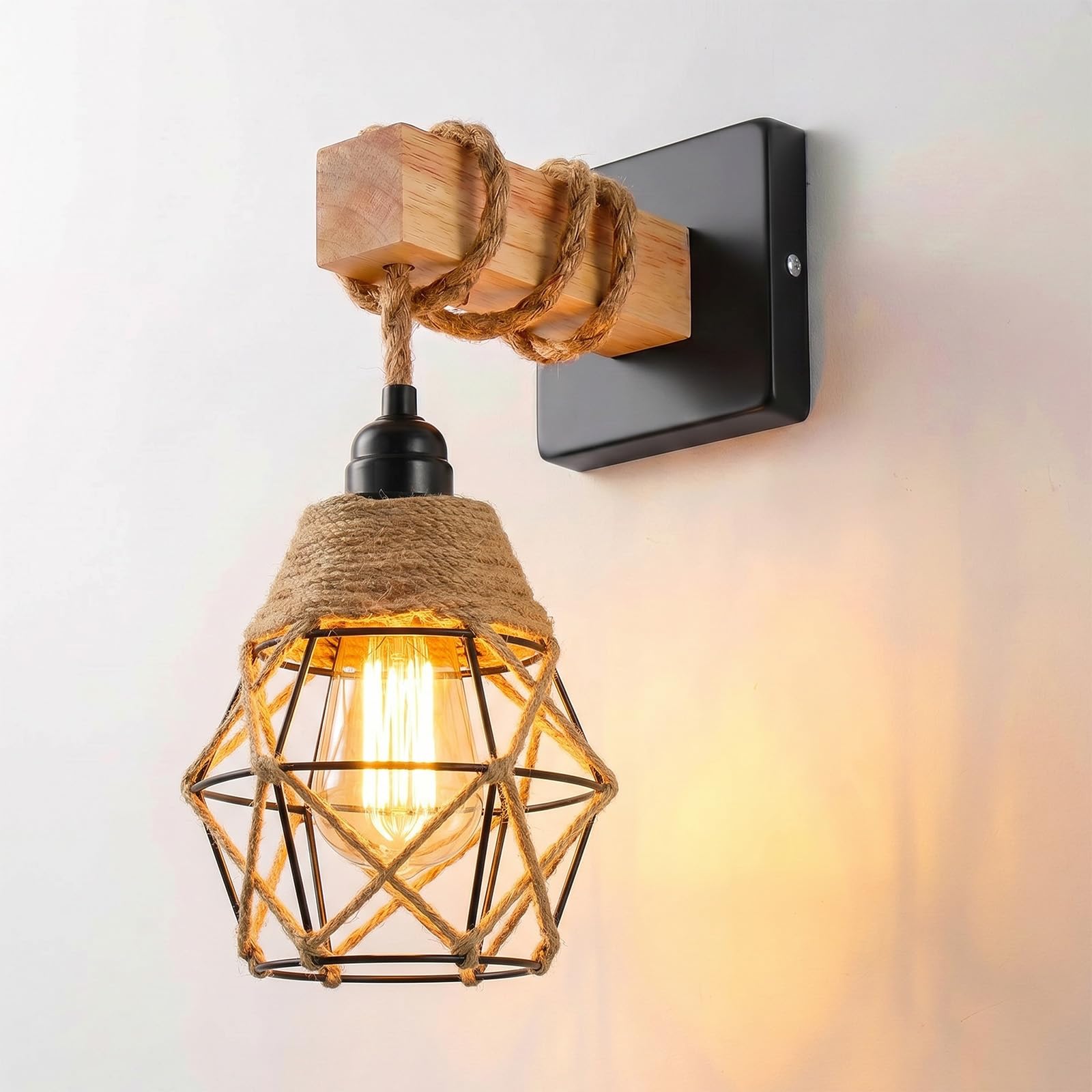 Psatfito G Wall Pendant Light, Hemp Rope E27 Lamp Holder Metal Cage Lampshade, Industrial Vintage Hanging Light with Switch, Rustic Ceiling Light for Living Room Dining Table Cafe