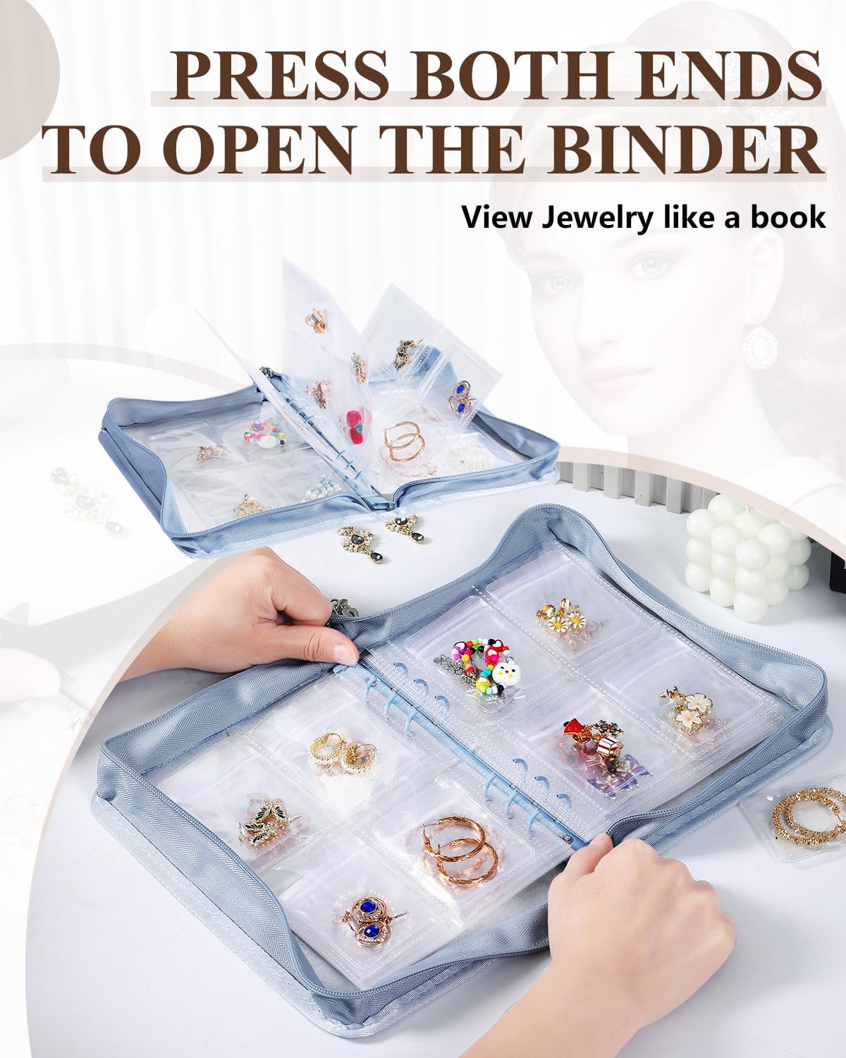 Travel Jewelry Organizer Book Clear Earring Book Transparent Jewelry Storage Book with Zipper Pouch (Light blue, 80-Piece Clear Earring Bags)