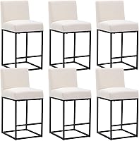 Vista 18 de HNY Taburete de bar moderno de altura de mostrador, taburete de bar tapizado de tela de lino con respaldos, taburetes de isla de cocina de 27 crema