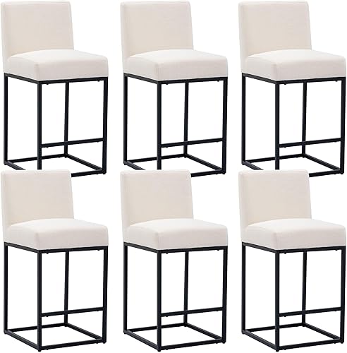 Miniatura 18 de HNY Taburete de bar moderno de altura de mostrador, taburete de bar tapizado de tela de lino con respaldos, taburetes de isla de cocina de 27 crema