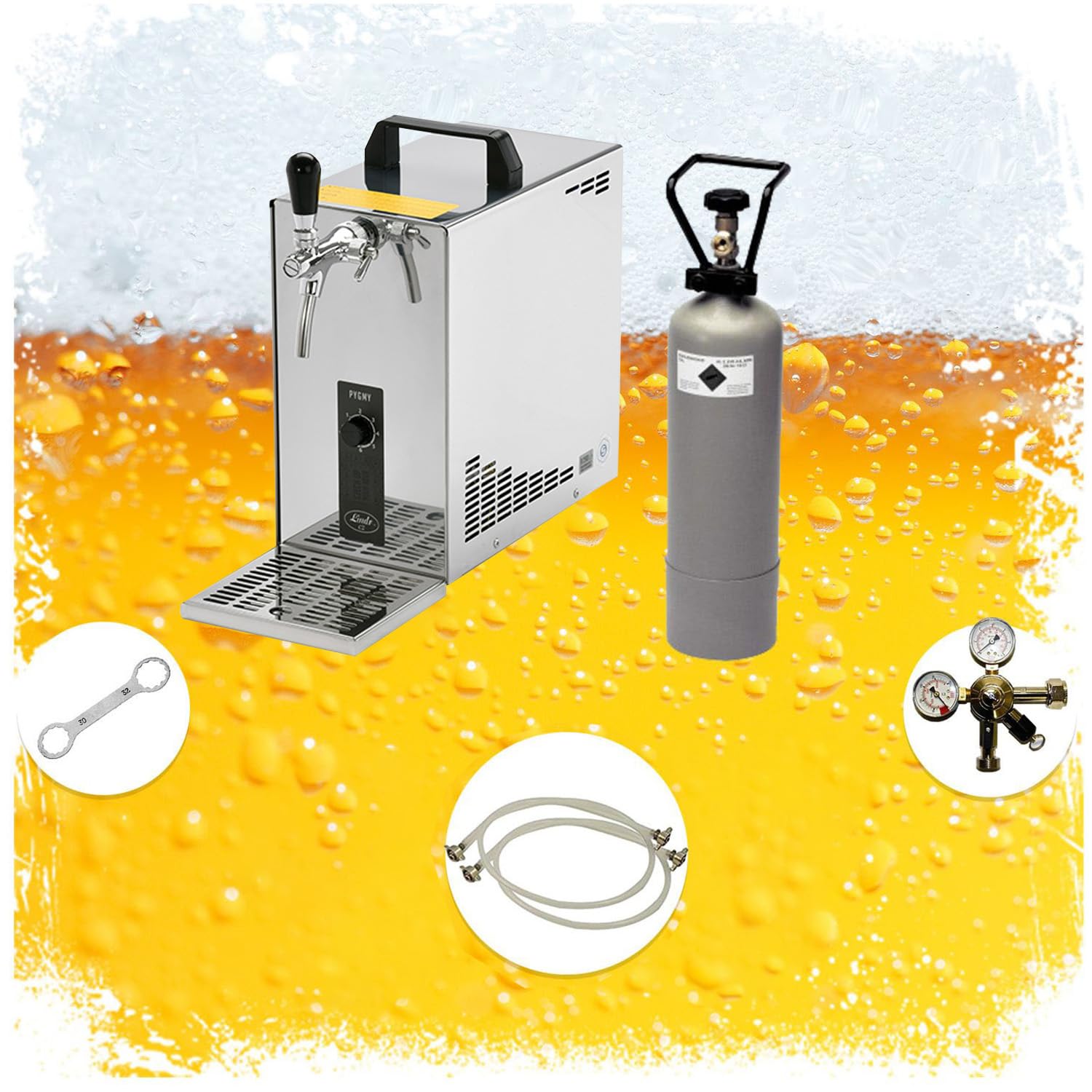 Set completo – Impianto di spillo, per birra, biera, refrigeratore continuo PYGMY 25 LE, refrigeratore a secco a 1 condotto, 30 litri/h, Green Line, testa di spillo: adattatore da 5 litri