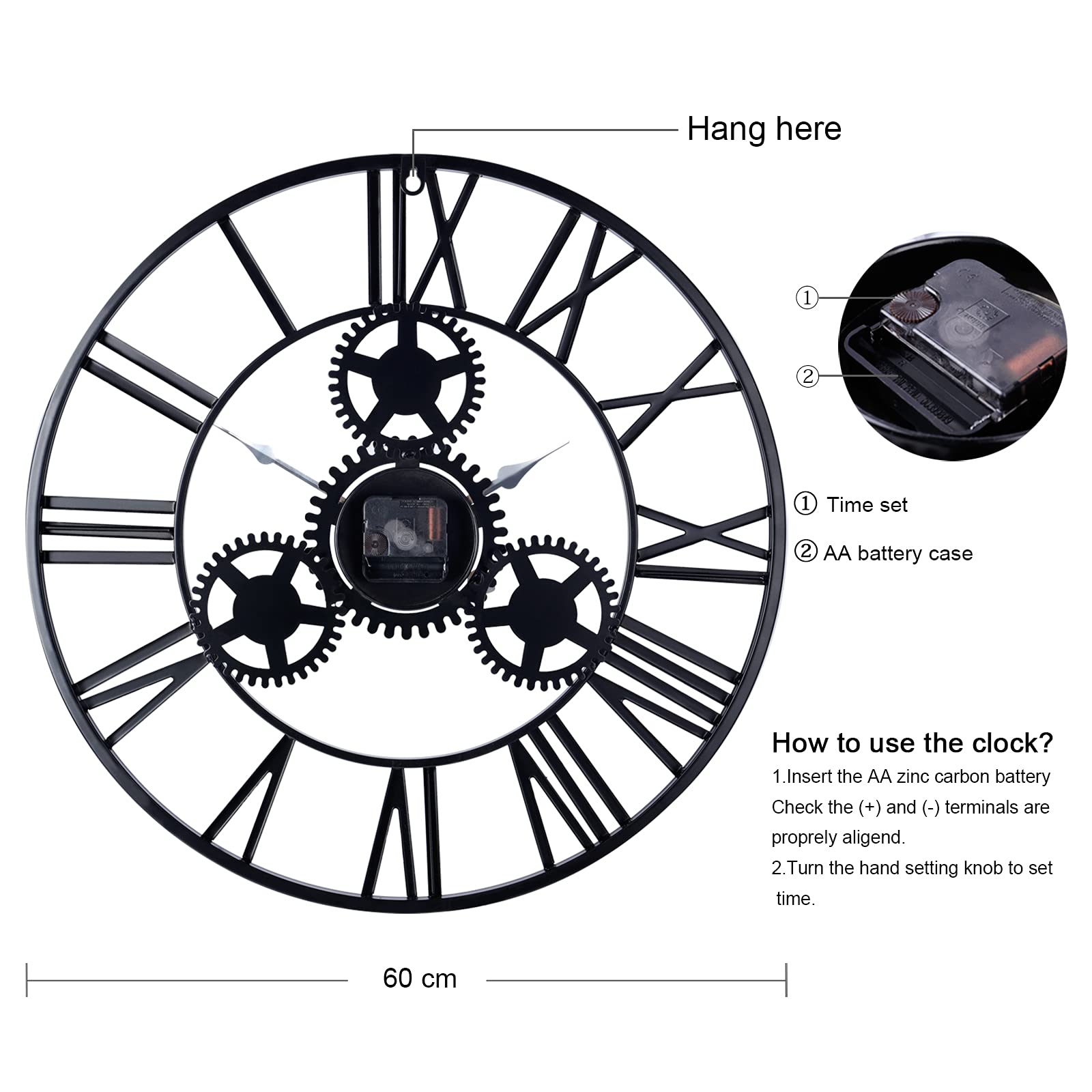 Lafocuse 60cm Horloge Murale Geante Métal, Engrenages Or Industrielle Silencieuse Pendule Murale Chiffres Romains Déco pour Salon Bar Restaurant