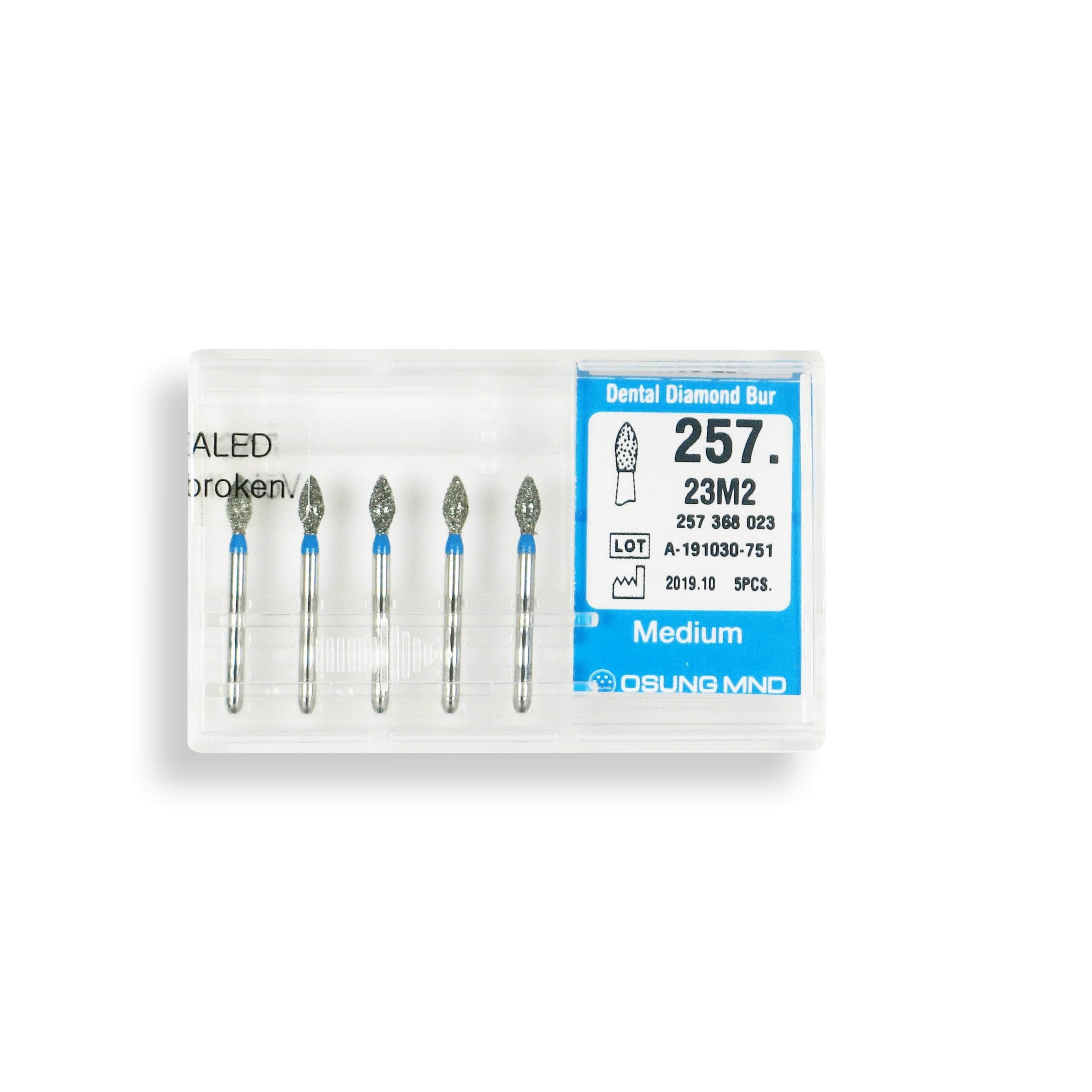 Bud, Slender 2.3 mm Dia. Medium Grit Diamond Dental Bur 25 Pcs. 257.23M2