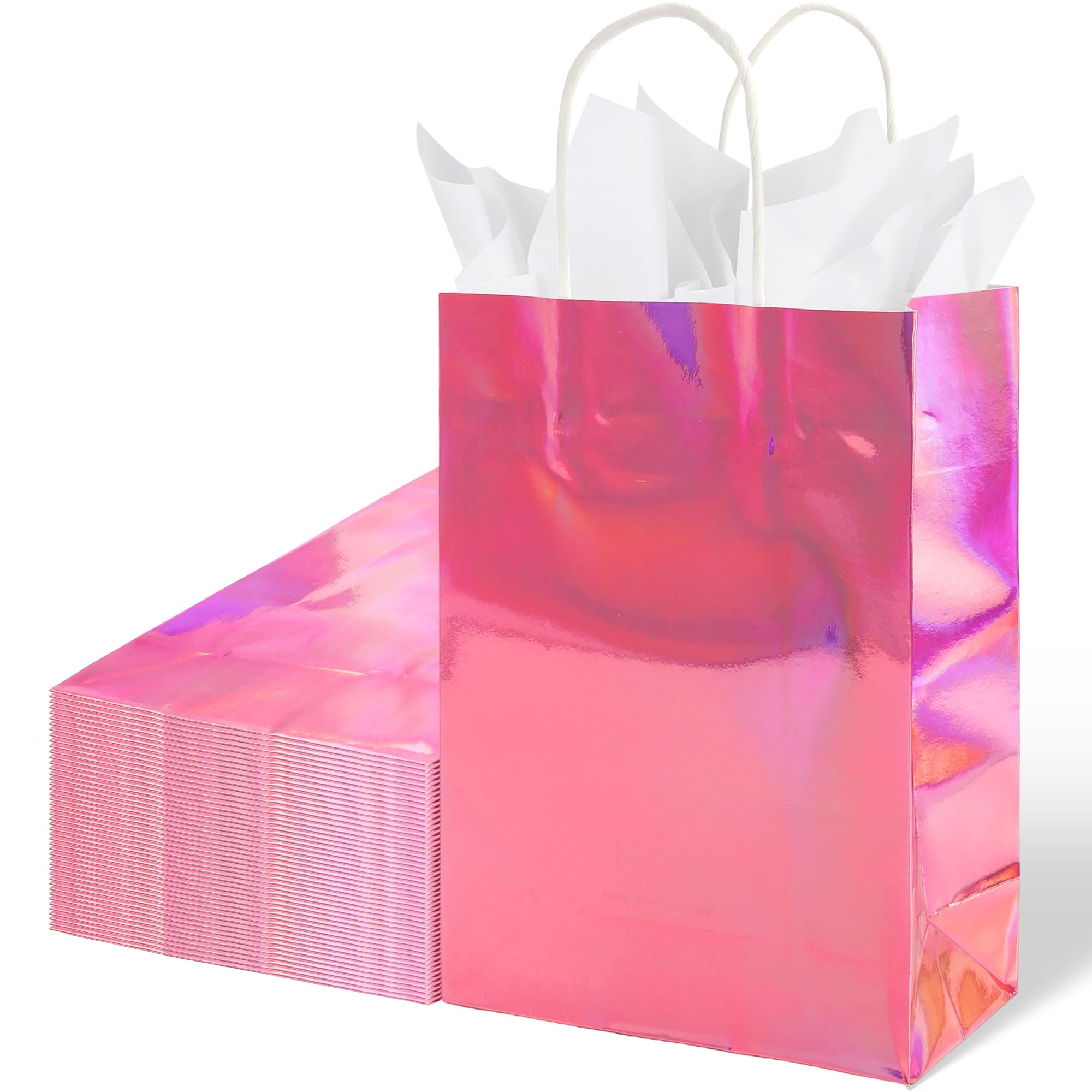 BLEWINDZ 32Pcs Small Paper Gift Bags with Tissues, Iridescent Party Favor Bags with Handles, Holographic Pink Gift Bag for Wedding Baby Shower Birthday Party Supplies