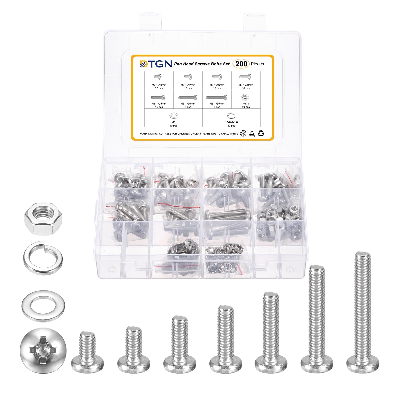 DTGN M6-1 Pan Head Machine Screws Nuts Washers Assortment Kit - 200Pcs - Good for Machinery - Stainless Steel Phillips Bolts Set - Washed Silver