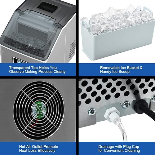Miniatura 4 de KOTEK Máquina para hacer hielo para encimera, acero inoxidable, 48 libras24 horas, función de autolimpieza, función de temporizador, pantalla LCD,