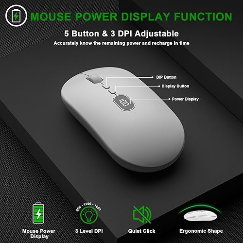 Miniatura 3 de BlueFinger Teclado y mouse inalámbricos con pantalla de alimentación, Blacklit recargable, de tamaño completo, con luz silenciosa, teclado para