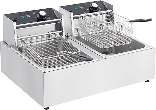 Freidora profunda con canasta, freidora eléctrica de acero inoxidable con 2 cestas  12 cuartos de galón de capacidad, 3600 W, freidora comercial de
