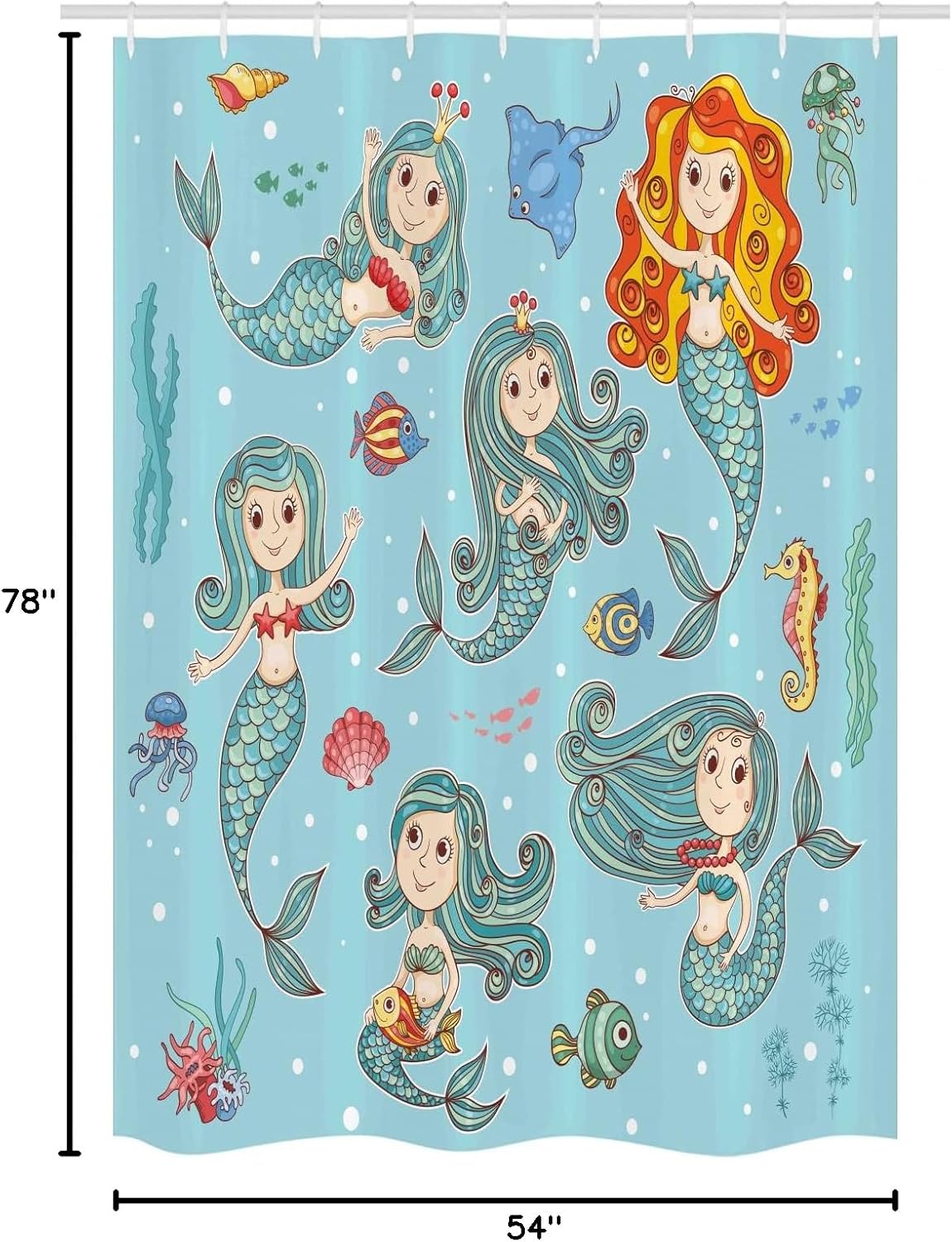 Ambesonne Mermaid Stall Shower Curtain, Composition Girls Different Types of Sea Creatures Marine Themed Print, Fabric Bathroom Decor Set with Hooks, 54" W X 78" L, Teal Orange