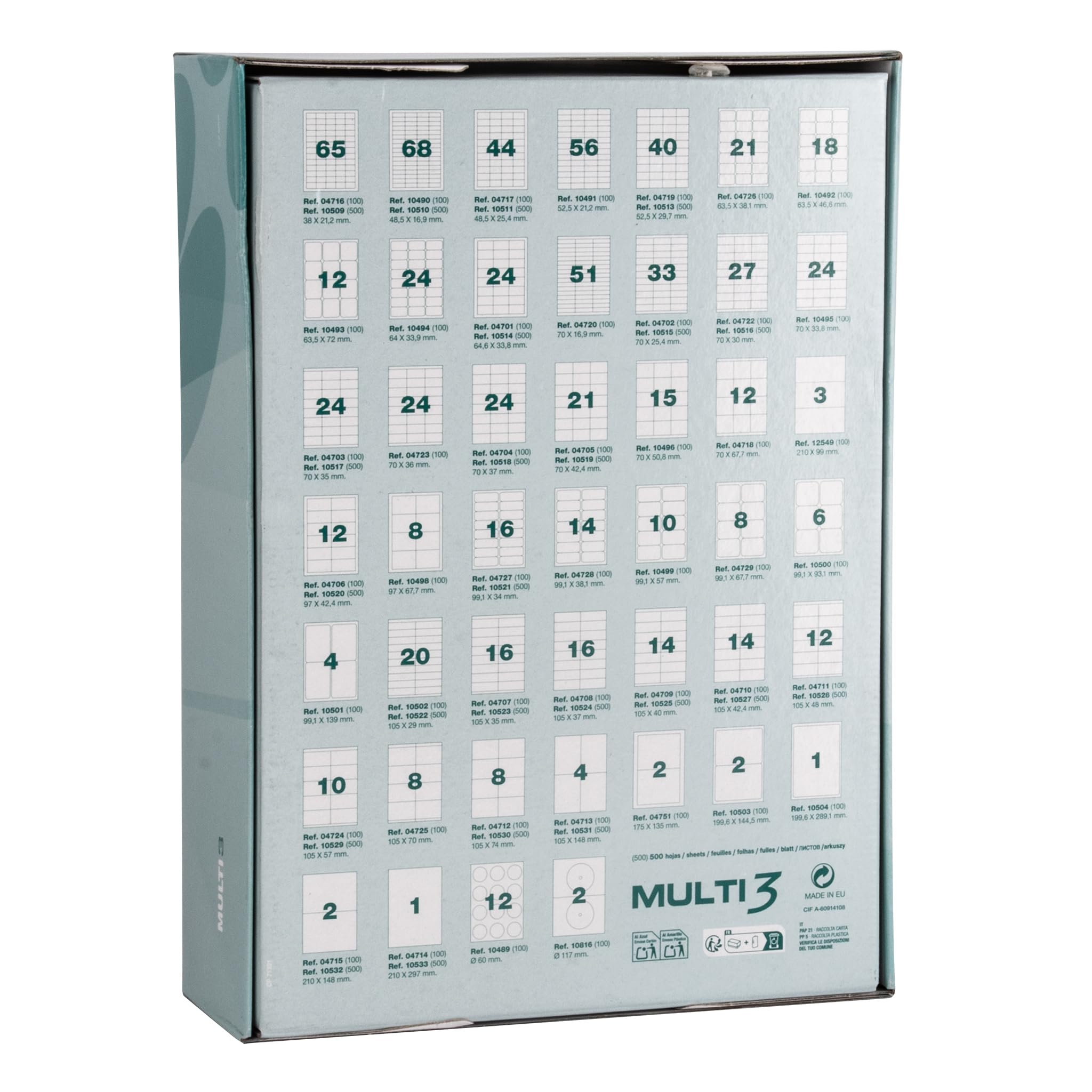 MULTI 3 10528 Etichette adesive per stampa, inkjet laser e fotocopiatrici, misura 105 x 48 mm, confezione da 500 fogli