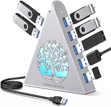 7-Port USB 3.0 Hub, Silver Vertical USB Expander with Tree-Themed RGB Lighting, 5Gbps Transfer Speed, 2FT Extension Cable, for MacBook, Laptop, Desktop, Xbox, Flash Drive, Printer