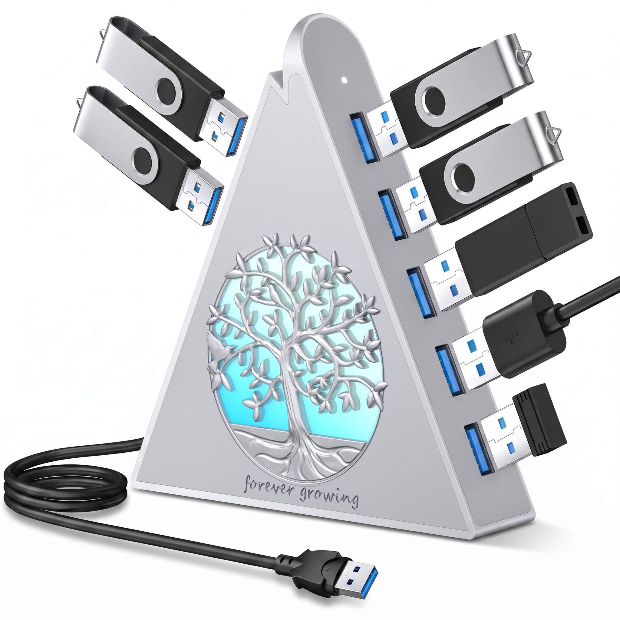 Hub USB 3.0 de 7 puertos, expansor USB vertical plateado con iluminación RGB temática de árbol, velocidad de transferencia de 5 Gbps, cable de extensión de 2 pies, para MacBook, laptop