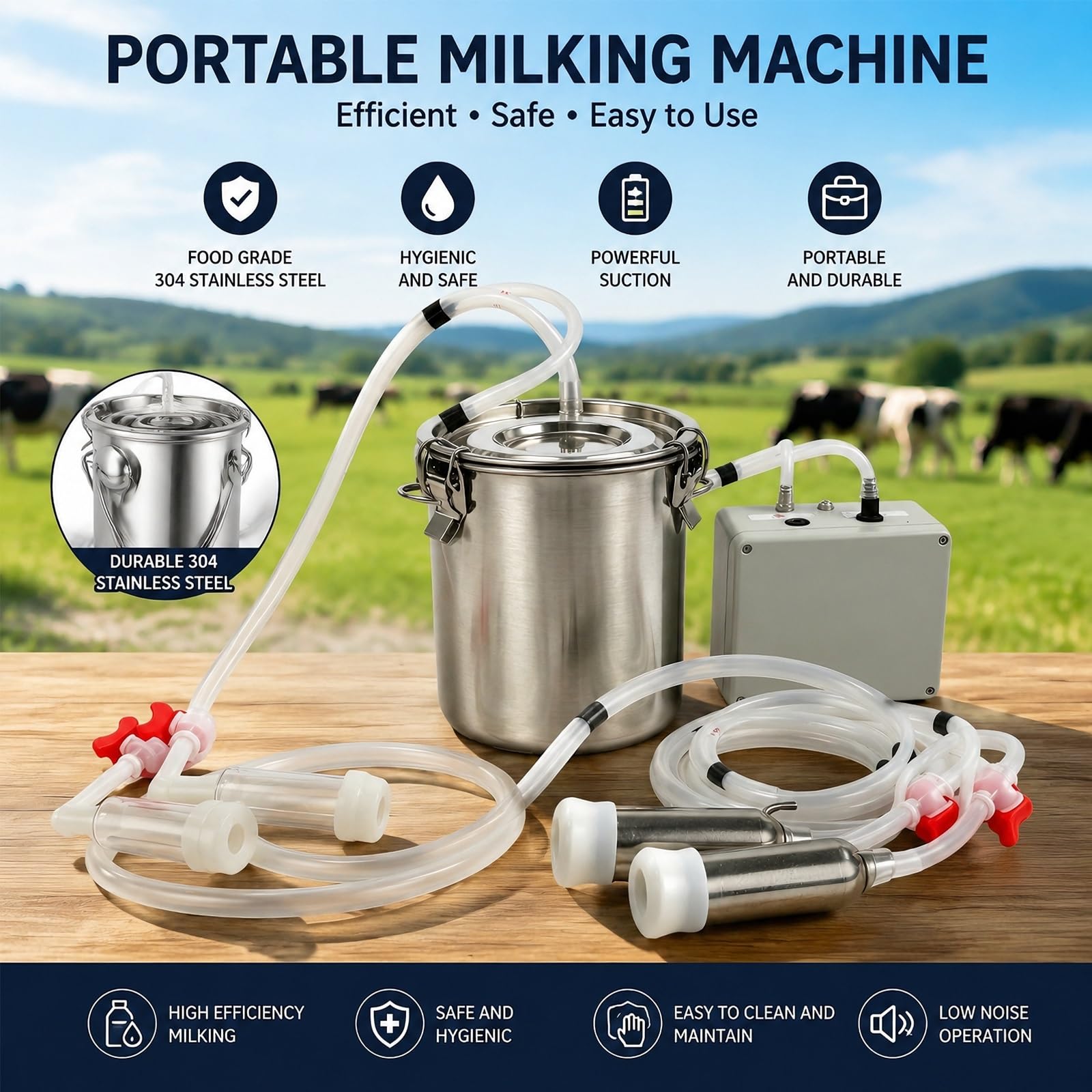 Versión actualizada del ordeñador de ganado for cabras y vacas lecheras | Unidad eléctrica de pulsación de vacío variable, contenedor de acero inoxidable for granja(3L)