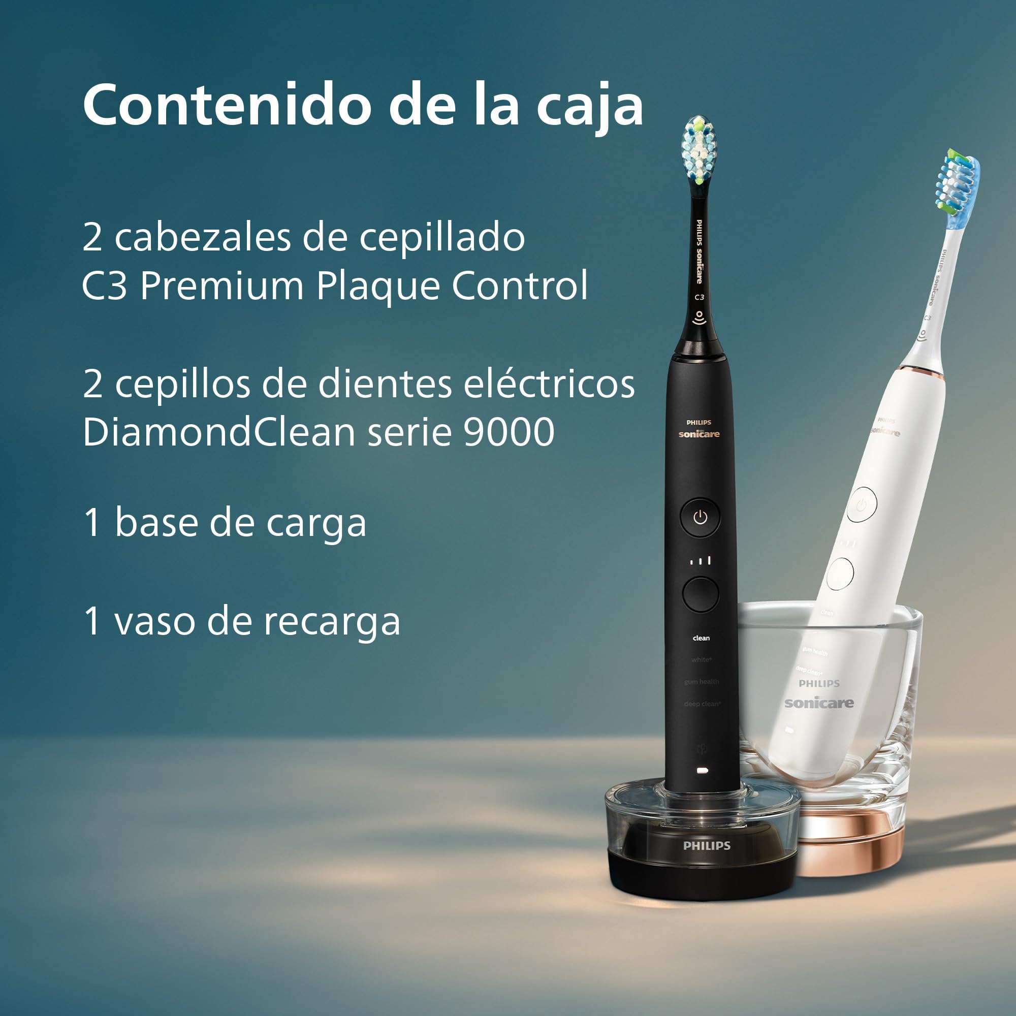 Philips Sonicare DiamondClean 9000 cepillo dental eléctrico, cepillo dental sónico con aplicación, sensor de presión, 4 modos de cepillado, vaso de carga, negro y oro rosa, pack doble, HX9914/57