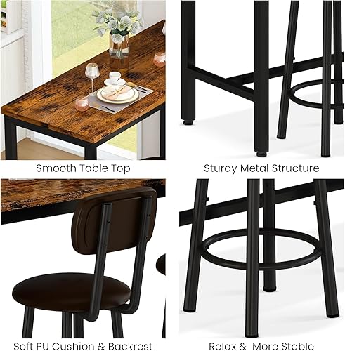 Miniatura 6 de AWQM Juego de 2 mesas de bar de 47.2 pulgadas, mesa de altura de pub y 2 taburetes tapizados de poliuretano con respaldo, juegos de mesa de desayuno