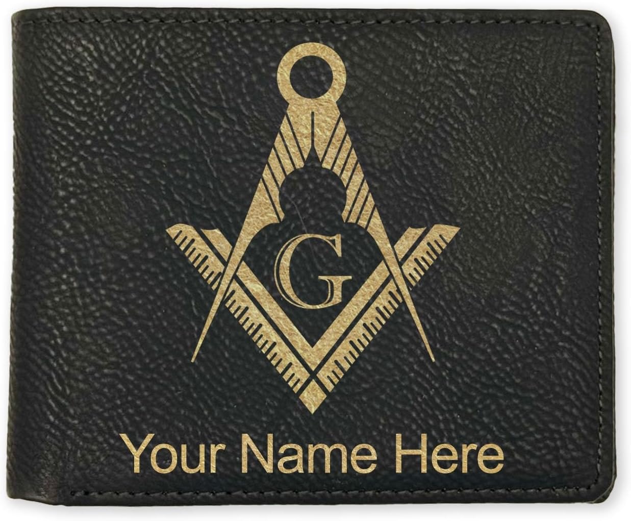 LaserGram Faux Leather Bi-Fold Wallet, Freemason Symbol, Personalized Engraving Included (Black with Gold)