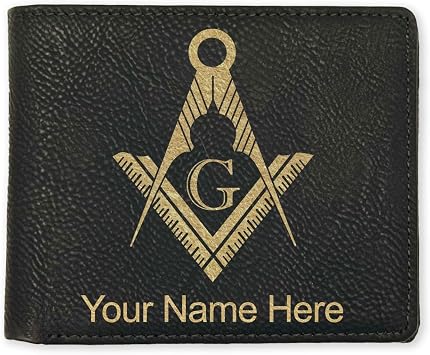 LaserGram Personalized Wallet, Freemason Symbol Black/Gold | Engraved Gift for Freemasons, Faux Leather, Includes Gift Box, Laser Engraved With Your Name