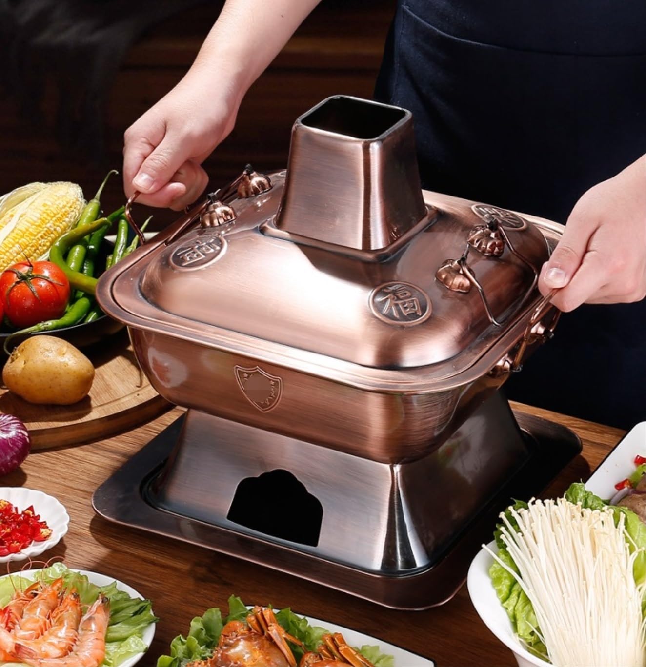 Piknikowa Chińskie Fondue Kwadratowy, Retro, Gorący Garnek, Chiński, Ze Stali Nierdzewnej, Kempingowy, Domowy, Kuchenka Zewnętrzna Domu Świeżym Powietrzu(A,32CM)