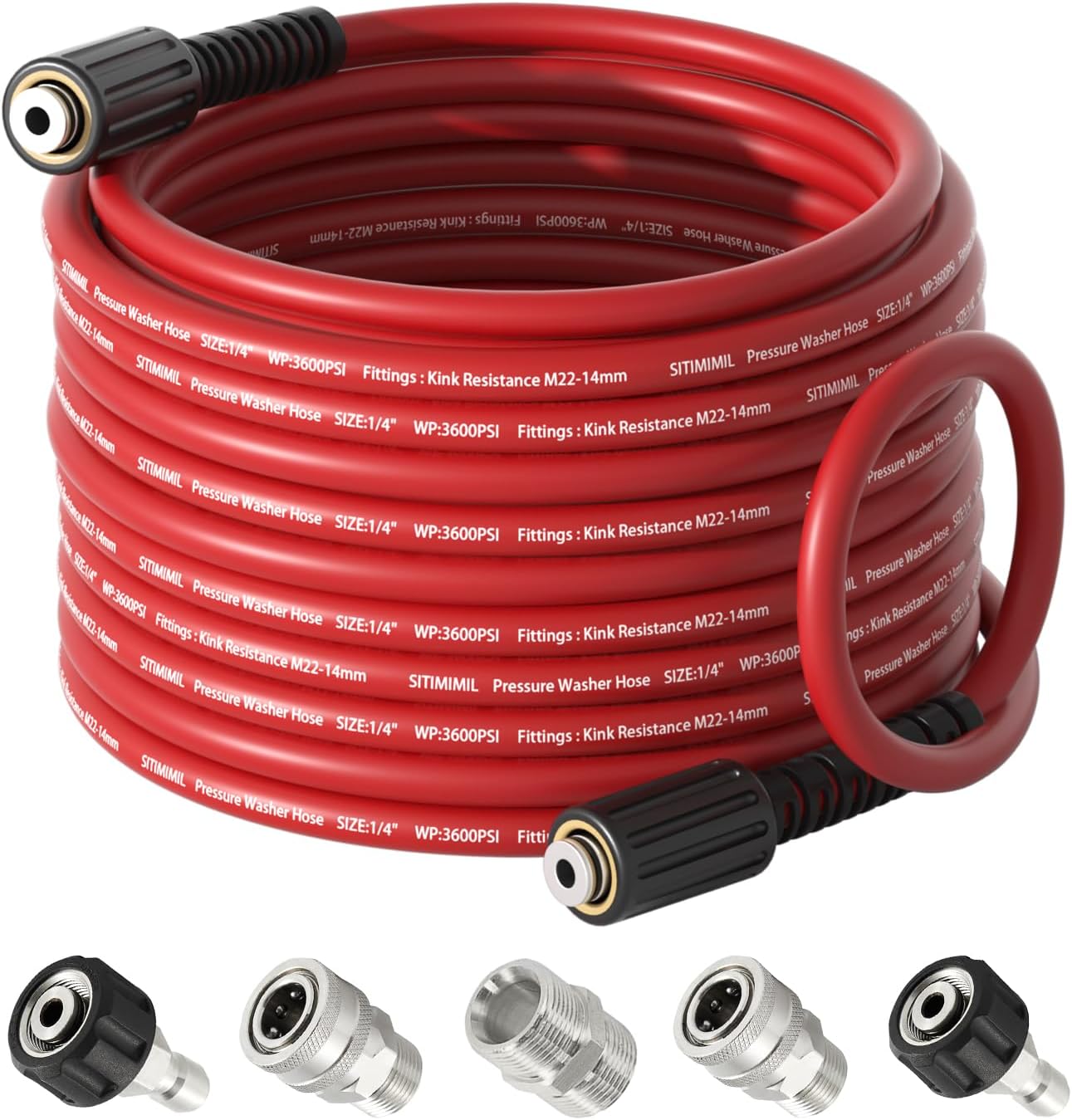 1/4"*50FT Pressure Washer Hose,Kink-Free with M22-14mm Stainless Steel Thread Power Washer Hose,Stainless Steel Adapter Set(5-piece),Suitable for Ryobi,Troy Bilt,Greenworks,Simpson（3600PSI)