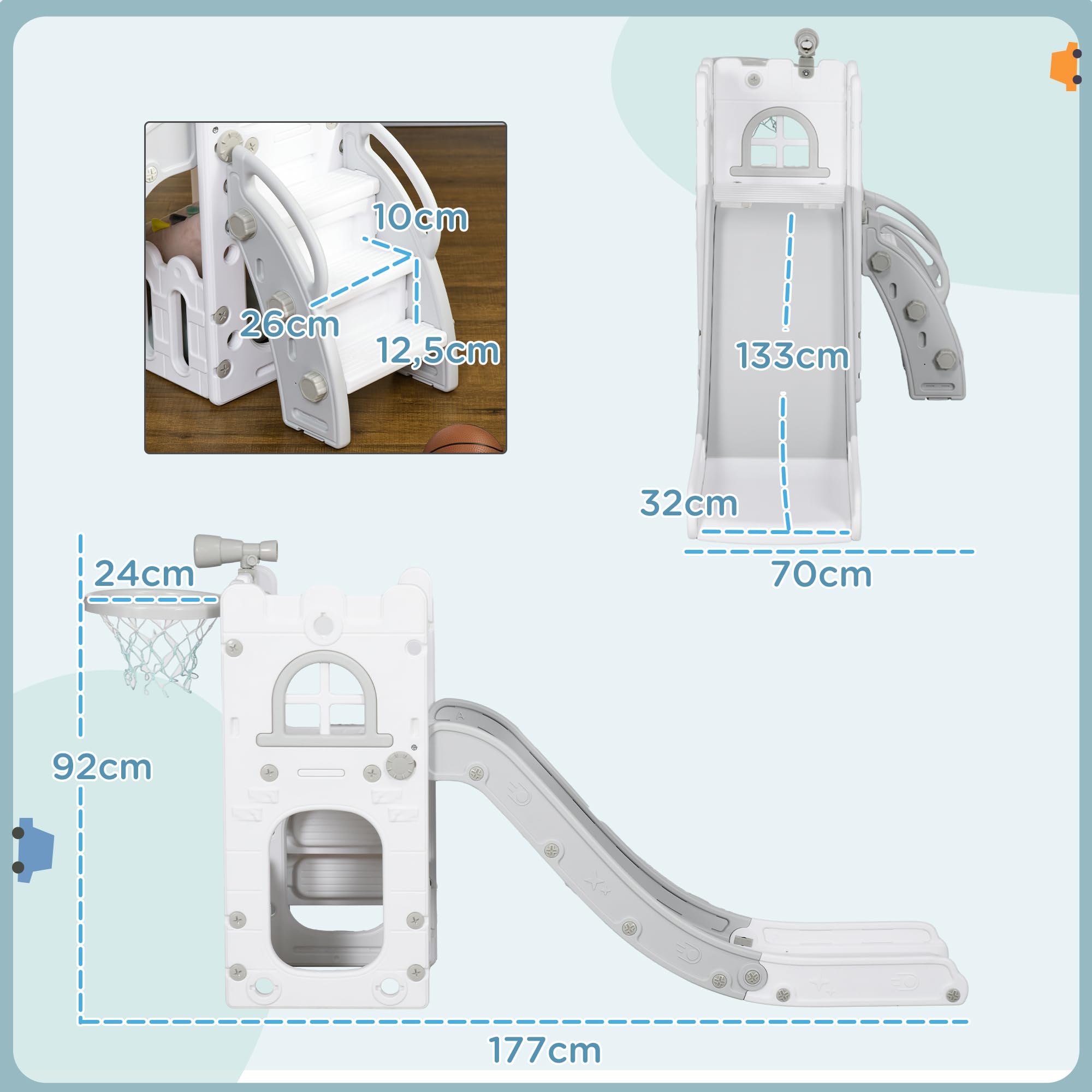 AIYAPLAY Kinderrutsche, 5 in 1, Kleinkinderrutsche mit Basketballkorb, Teleskop Klettergerüst, Aufbewahrungskorb Rutsche mit Basketball für Kinder 1-3 Jahre, Indoor, Grau 70 x 177 x 92 cm