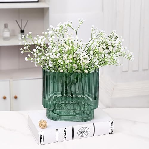 Miniatura 4 de Jarrón de cristal verde, florero de cristal, jarrón de vidrio acanalado, jarrón verde, jarrones de vidrio cilíndricos altos para centros de mesa,