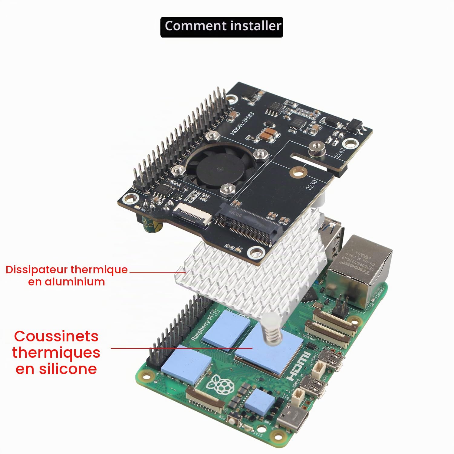 ZDE ZP583 PoE+ Hat PCIe to M.2 Key-M NVMe SSD Adapter for Raspberry Pi 5 | Power Over Ethernet HAT, with Aluminum Alloy Heatsink Onboard Cooling Fan, Support M.2 NVMe SSD 2230 2242