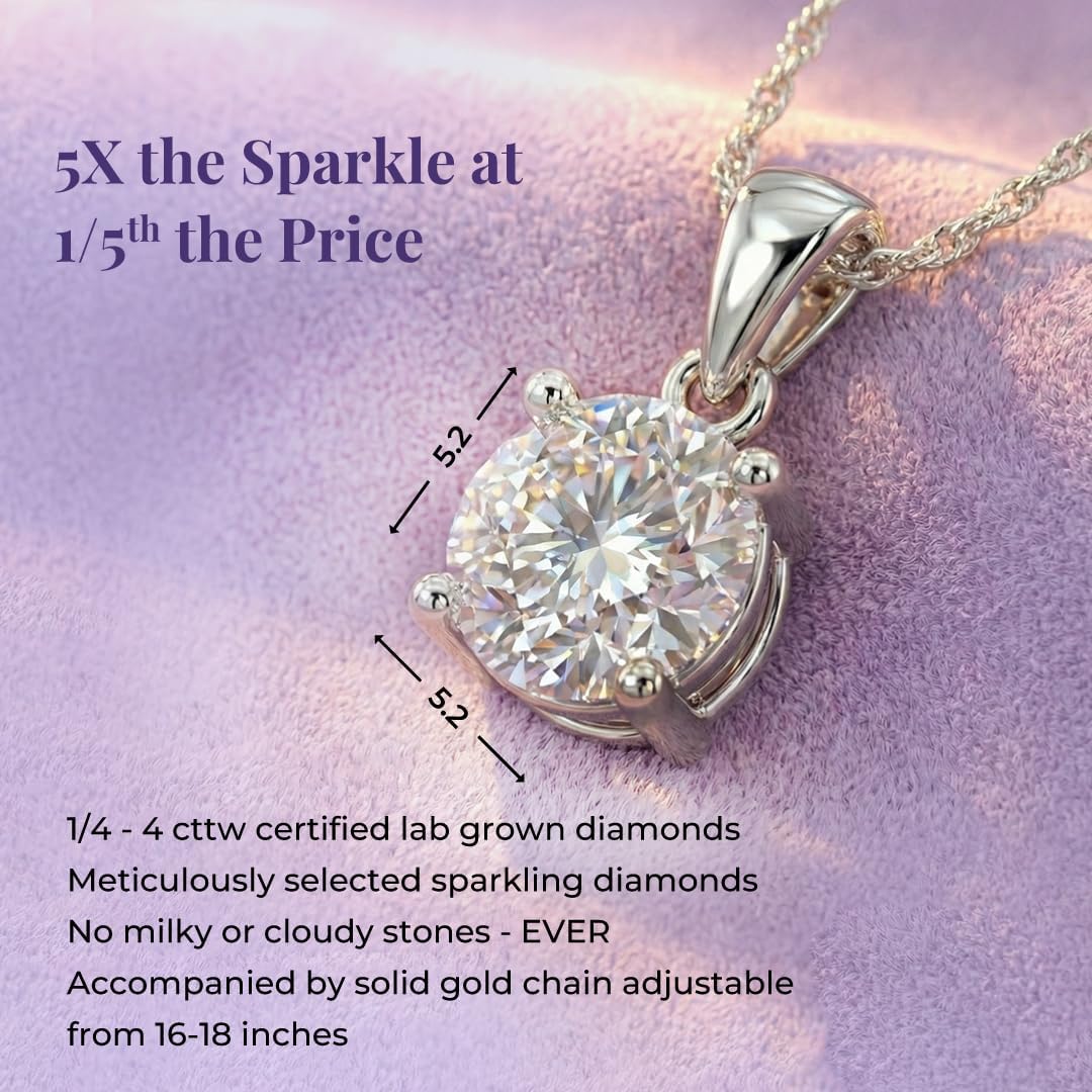 Lab Grown Diamond Necklace For Women | 1/4 - 2 Carat | Premium GH Color VS - SI Clarity Diamonds | Certified by Gemologists | 14K Solid White & Yellow Gold Pendant | 16 -18 Inch Adjustable Gold Chain