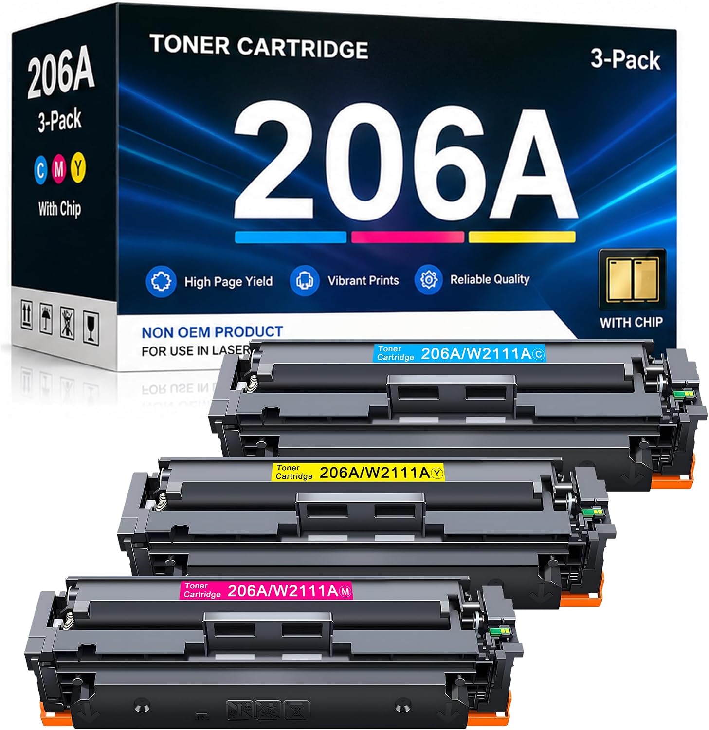 LUMSON 206A Cyan Magenta Yellow 206X High-Yield Toner Cartridges 3-Pack Replacement for HP 206A Color Laser Jet Pro MFP M283fdw M283cdw M282-M283 Pro M255dw Printers | W2111A W2112A W2113A