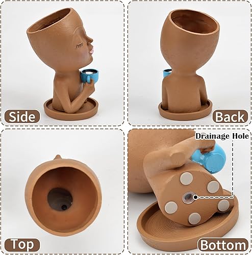 Miniatura 4 de Maceta con base  Maceta de cara para plantas de interior y exterior, maceta de resina para suculentas con agujero de drenaje, bonitas macetas de