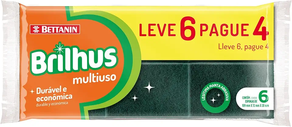 Brilhus - Esponja Multiuso Abrasiva, Embalagem Econômica Leve 6 Pague 5 Unidades, Bettanin