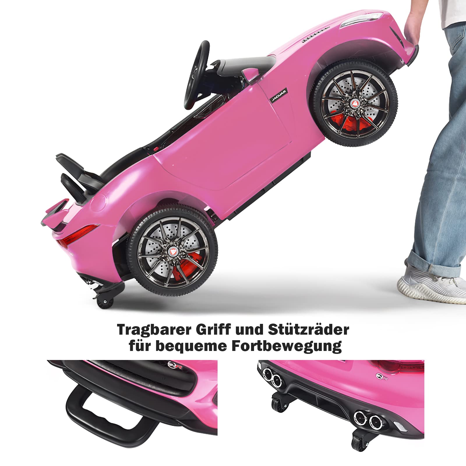 COSTWAY Jaguar Elektro Kinderauto mit Geschichten & Musik & Hupe & Scheinwerfer, 12V Kinderfahrzeug mit 2,4G Fernbedienung, Elektroauto 3-5km/h für Kinder ab 3 Jahre (Rosa)