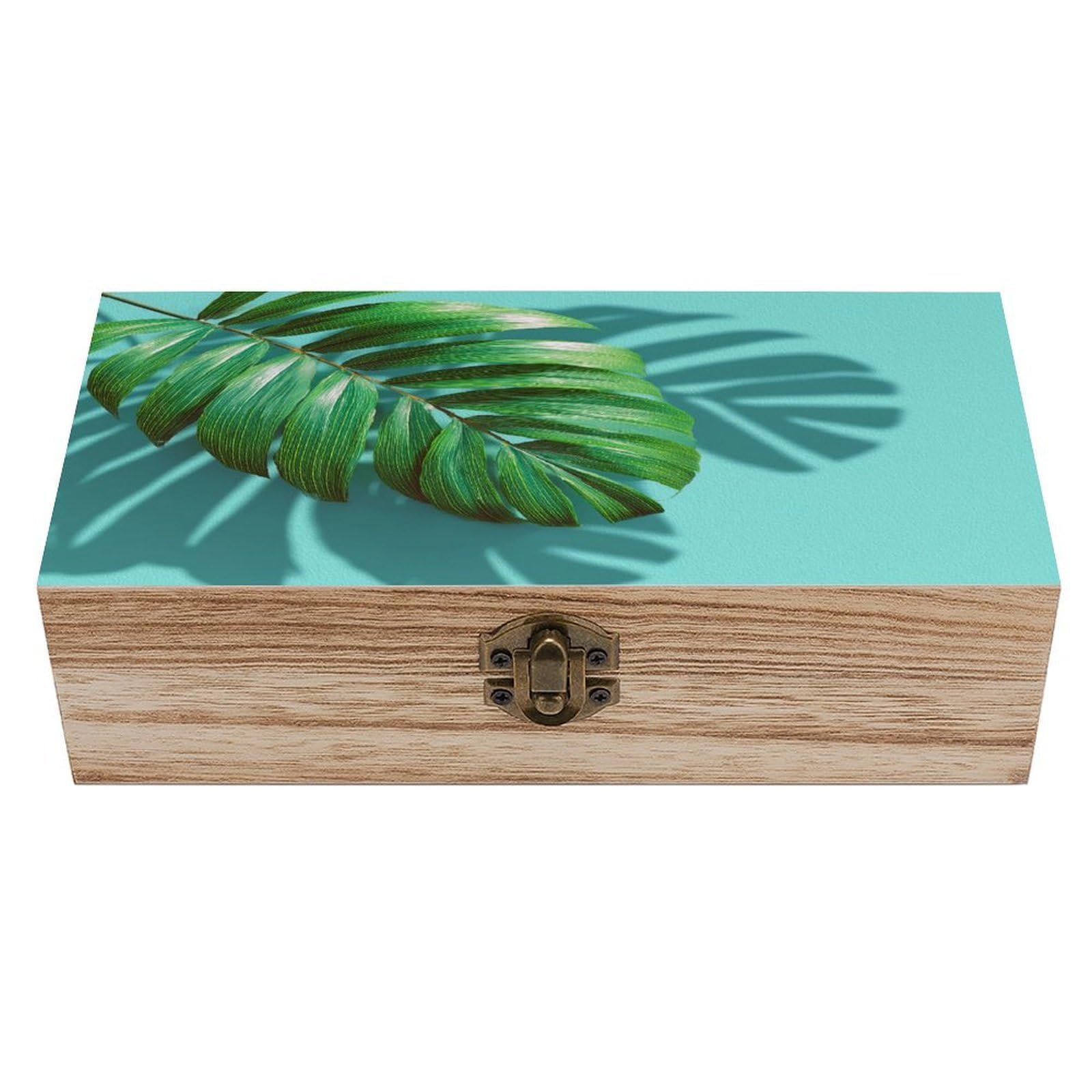 asbwuo Green Palm Tree Leaves Wooden Storage Box with Hinged Lid